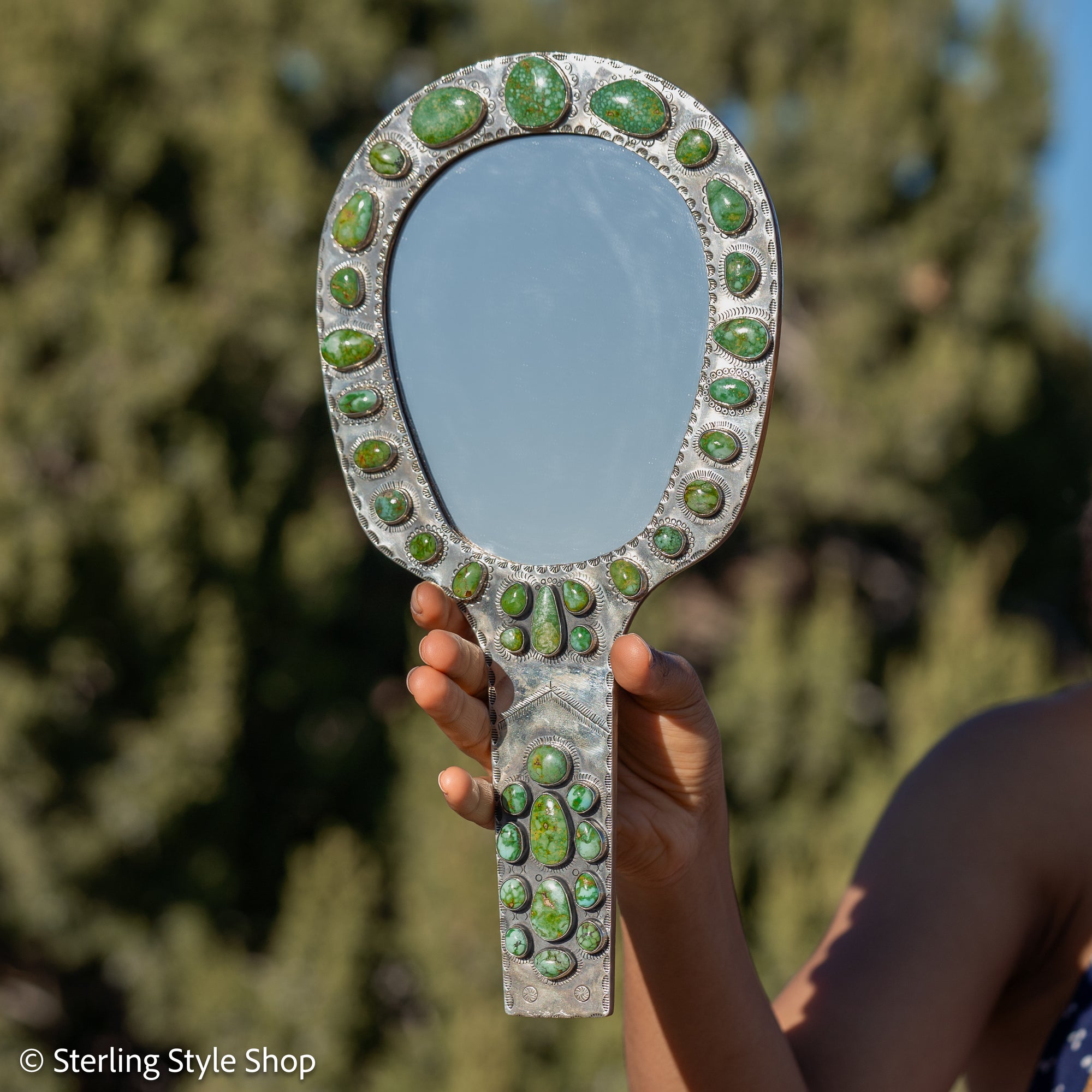 Federico Jimenez Handcrafted Sterling Silver Mirror with 38 Lone Mountain Turquoise Stones From Larry Cooley’s Legendary Collection