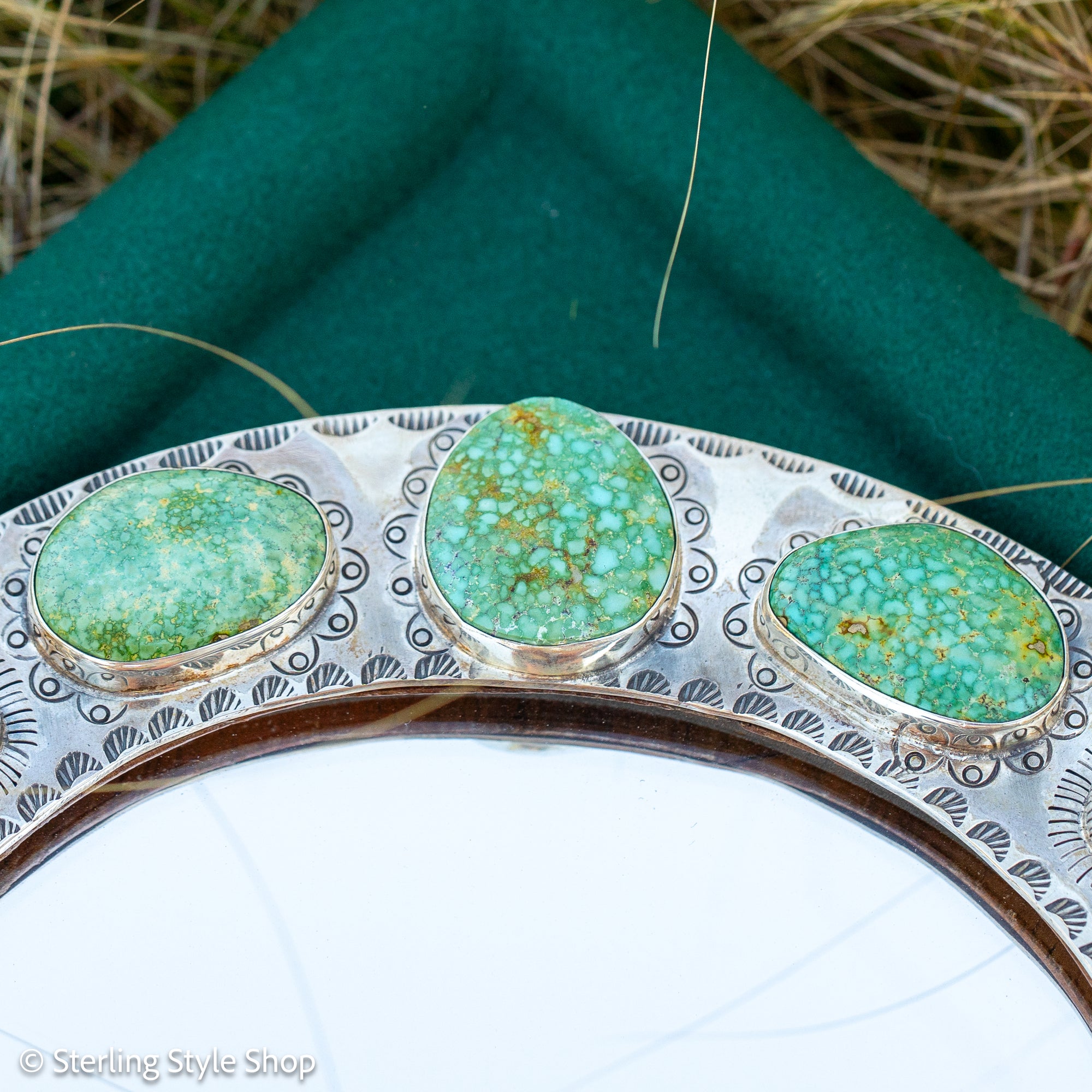 Federico Jimenez Handcrafted Sterling Silver Mirror with 38 Lone Mountain Turquoise Stones From Larry Cooley’s Legendary Collection