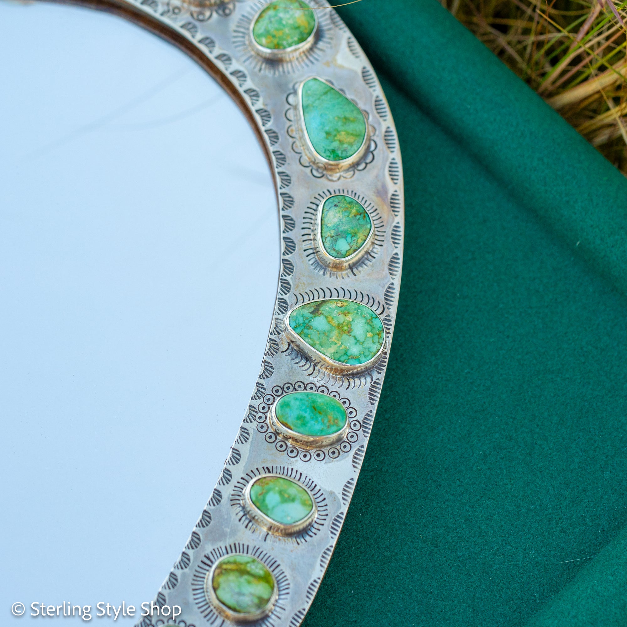 Federico Jimenez Handcrafted Sterling Silver Mirror with 38 Lone Mountain Turquoise Stones From Larry Cooley’s Legendary Collection