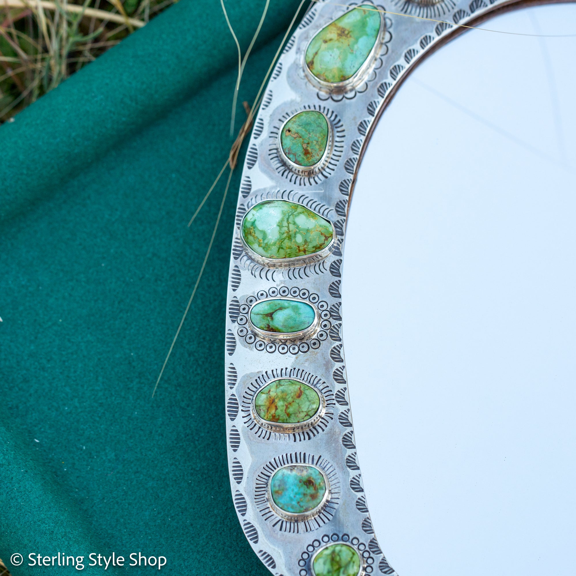 Federico Jimenez Handcrafted Sterling Silver Mirror with 38 Lone Mountain Turquoise Stones From Larry Cooley’s Legendary Collection