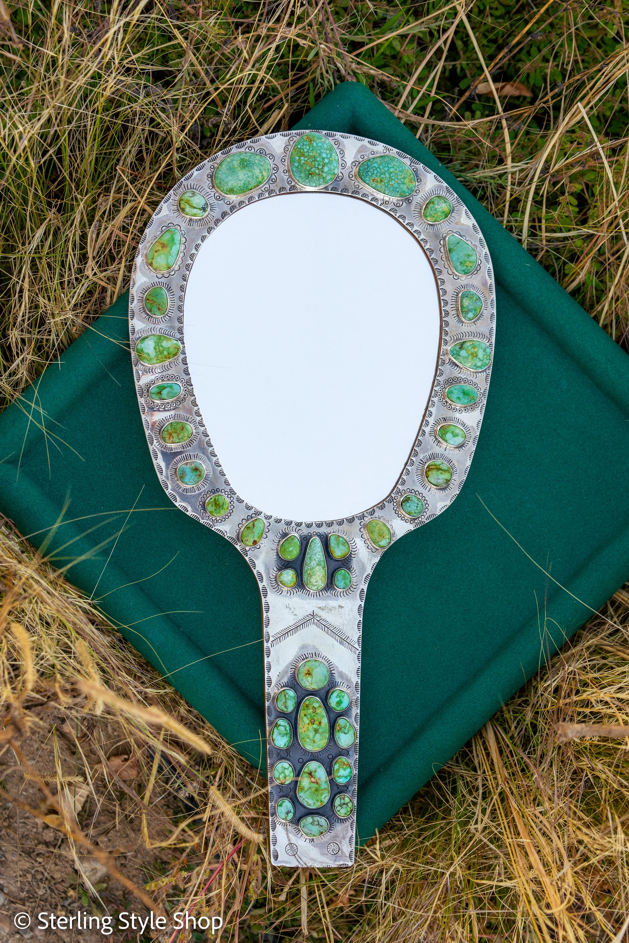 Federico Jimenez Handcrafted Sterling Silver Mirror with 38 Lone Mountain Turquoise Stones From Larry Cooley’s Legendary Collection