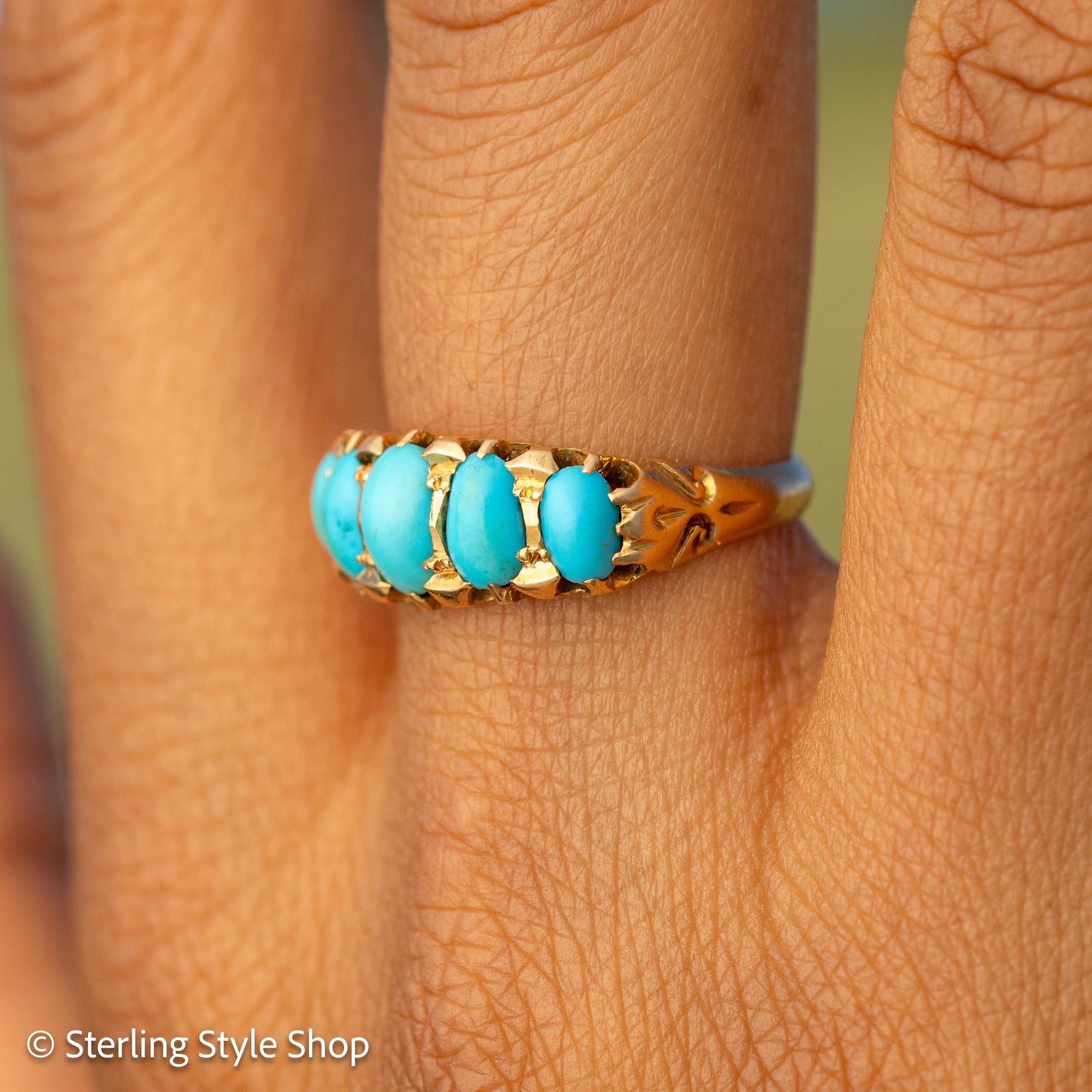 Antique 1913 18ct Gold Turquoise 5 Stone Ring | Edwardian Birmingham Hallmarked | H.W.L Maker