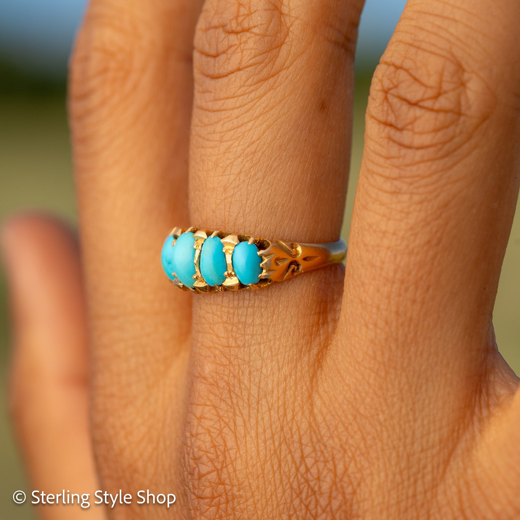 Antique 1913 18ct Gold Turquoise 5 Stone Ring | Edwardian Birmingham Hallmarked | H.W.L Maker