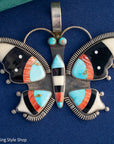 Massive Vintage Federico Jimenez Butterfly Pendant | Inlay Pendant with Turquoise, Jet, Spiny Oyster & Bone