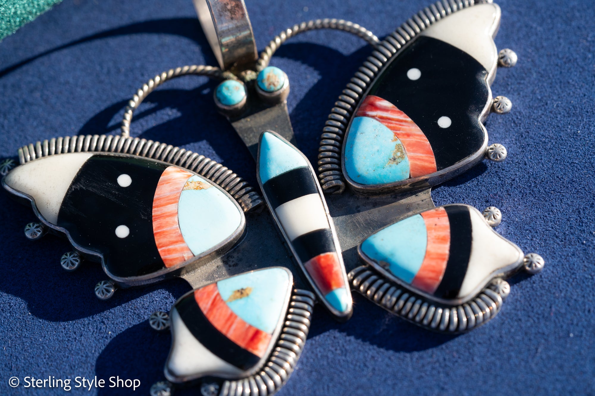 Massive Vintage Federico Jimenez Butterfly Pendant | Inlay Pendant with Turquoise, Jet, Spiny Oyster &amp; Bone