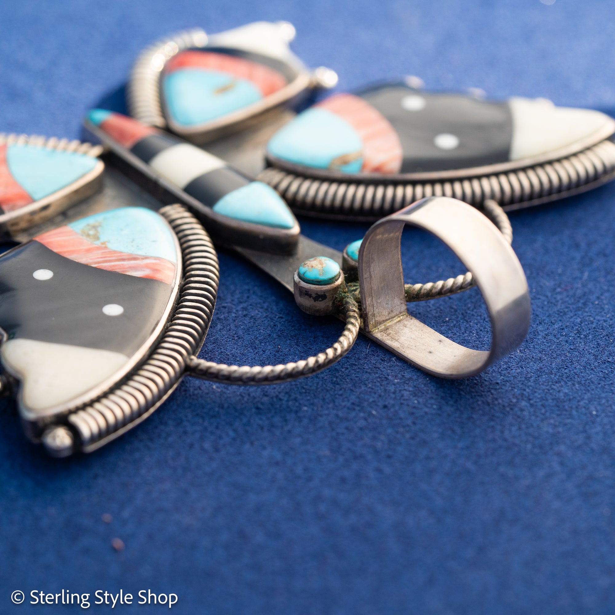 Massive Vintage Federico Jimenez Butterfly Pendant | Inlay Pendant with Turquoise, Jet, Spiny Oyster &amp; Bone