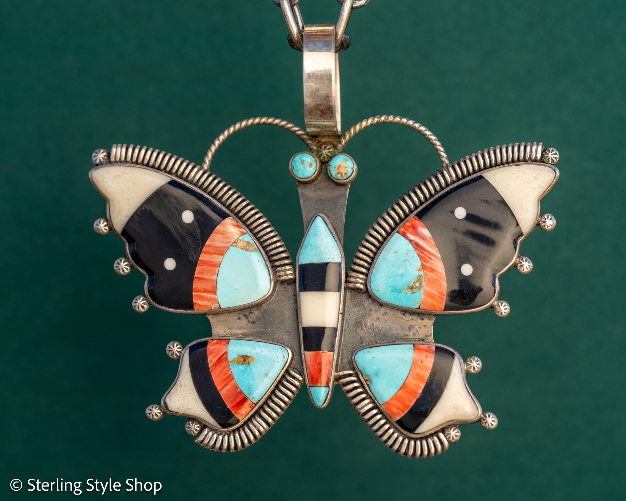 Massive Vintage Federico Jimenez Butterfly Pendant | Inlay Pendant with Turquoise, Jet, Spiny Oyster &amp; Bone