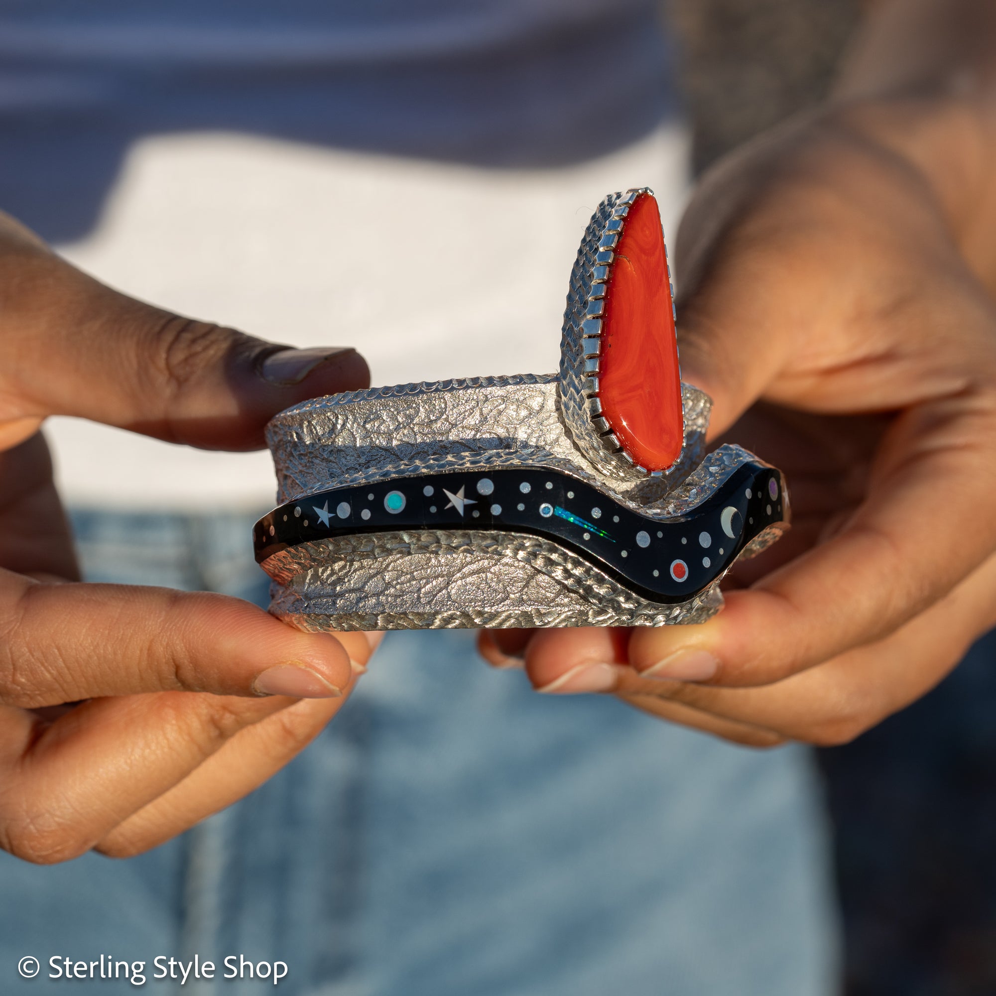 Alvin Yellowhorse Tufa Cast Sterling Silver Bracelet – Red Coral, Turquoise, Mother of Pearl, Sugilite, Spider Opal