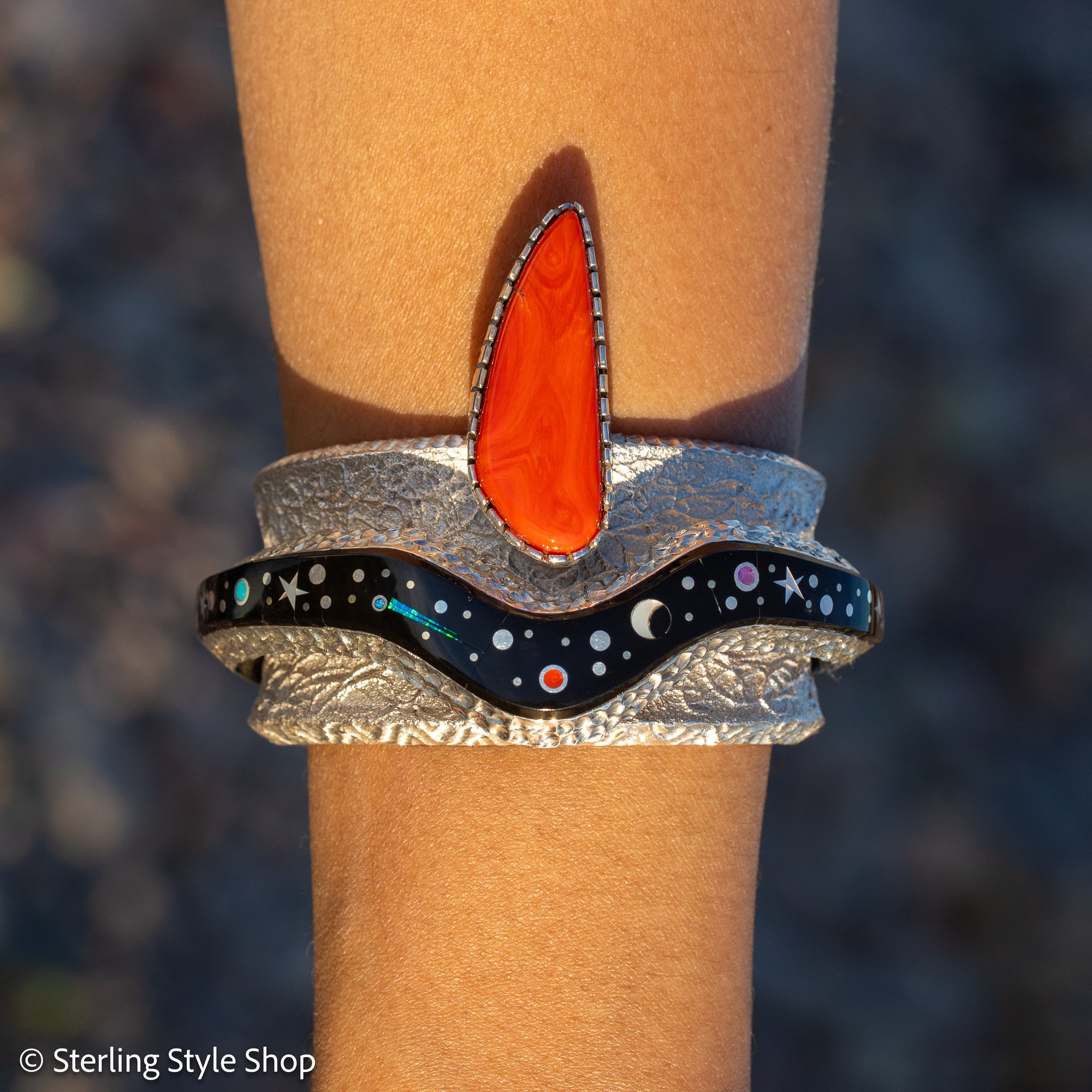 Alvin Yellowhorse Tufa Cast Sterling Silver Bracelet – Red Coral, Turquoise, Mother of Pearl, Sugilite, Spider Opal