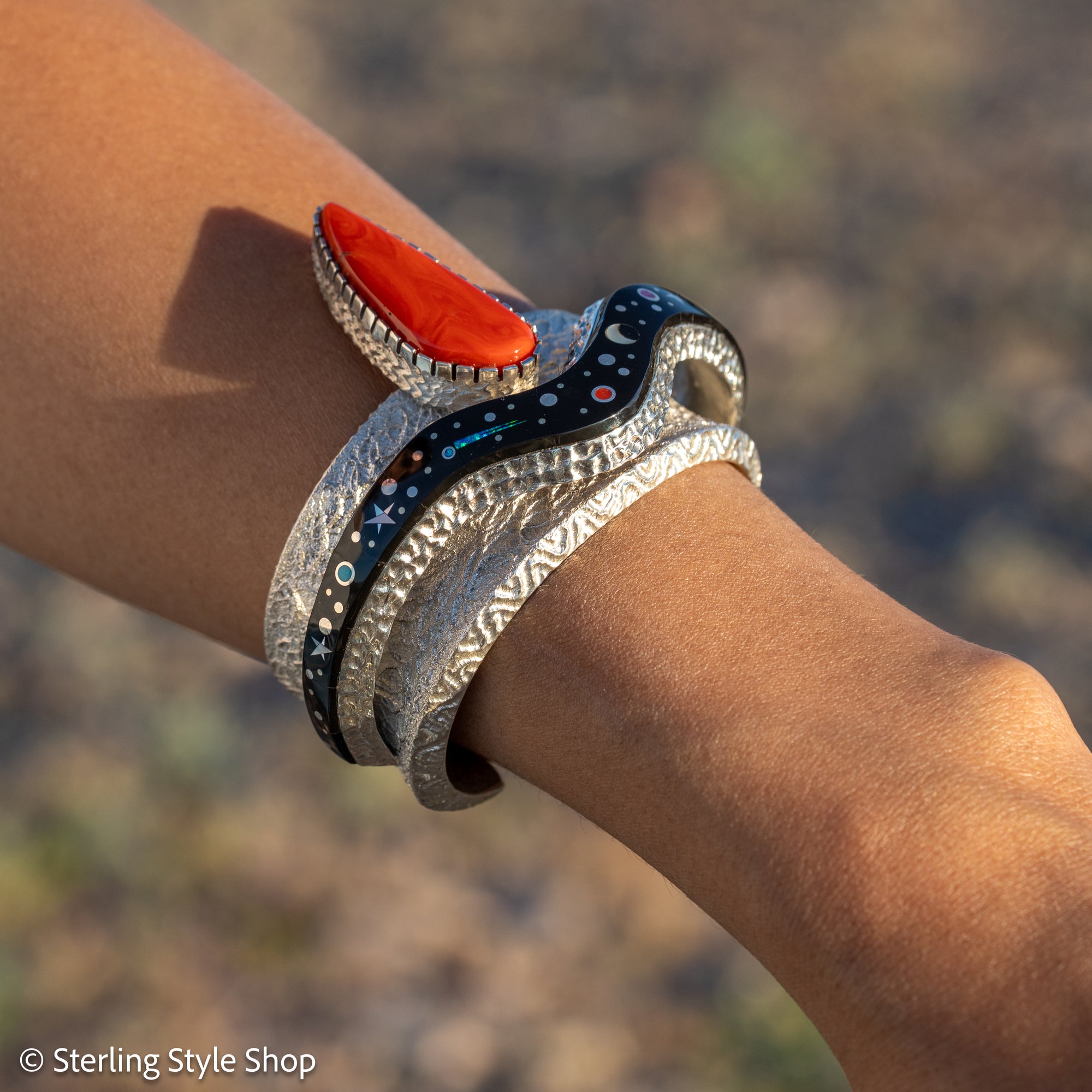 Alvin Yellowhorse Tufa Cast Sterling Silver Bracelet – Red Coral, Turquoise, Mother of Pearl, Sugilite, Spider Opal