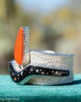 Alvin Yellowhorse Tufa Cast Sterling Silver Bracelet – Red Coral, Turquoise, Mother of Pearl, Sugilite, Spider Opal