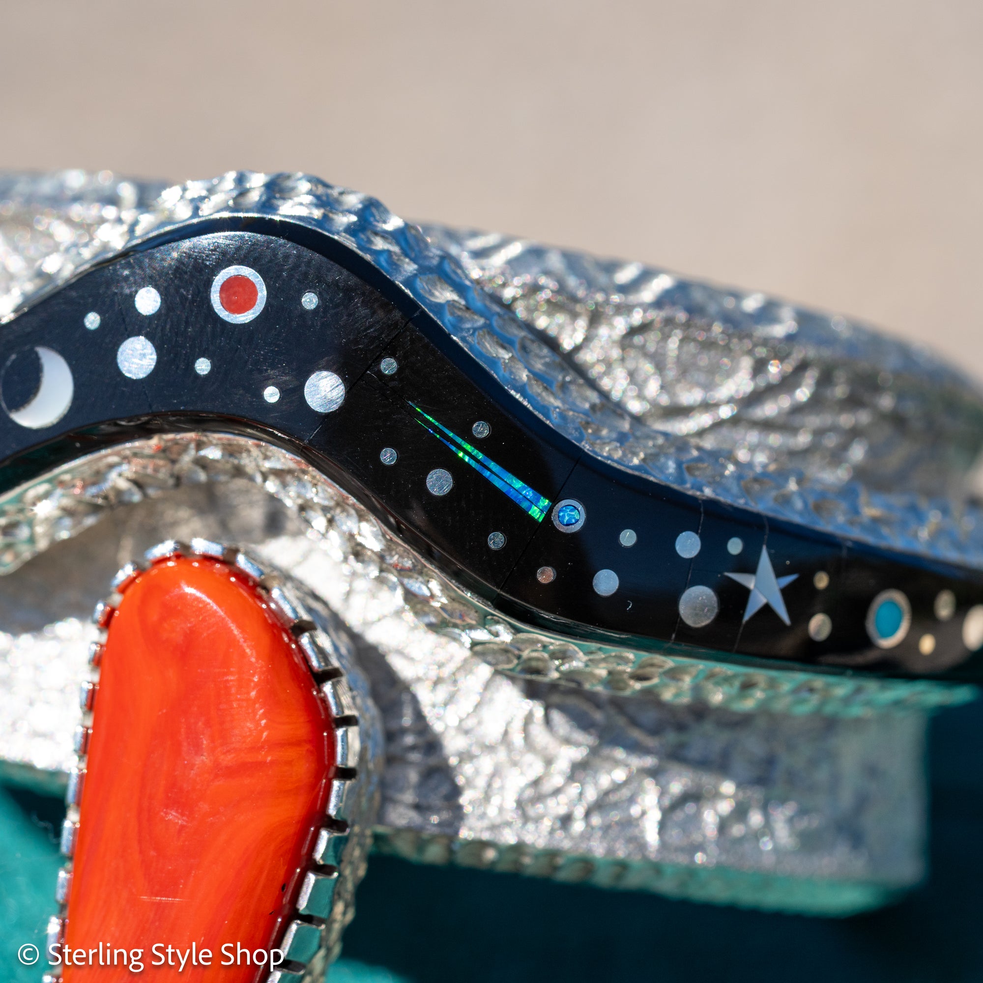 Alvin Yellowhorse Tufa Cast Sterling Silver Bracelet – Red Coral, Turquoise, Mother of Pearl, Sugilite, Spider Opal