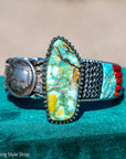 Alvin Yellowhorse Royal Web Variscite Cuff – Navajo Sterling Silver Bracelet-on-Bracelet Design – Turquoise, Coral & Jade Inlay 134g