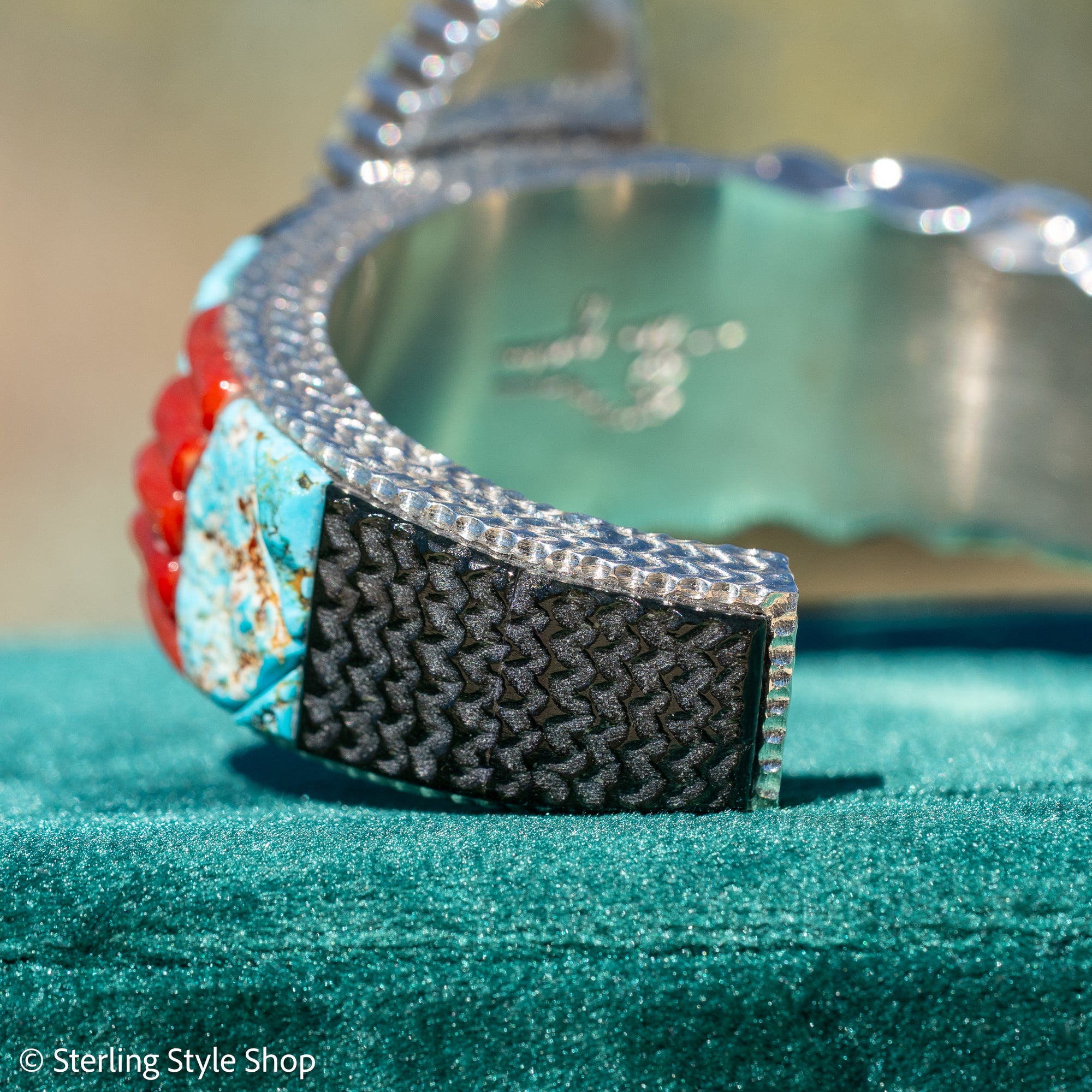Alvin Yellowhorse Royal Web Variscite Cuff – Navajo Sterling Silver Bracelet-on-Bracelet Design – Turquoise, Coral &amp; Jade Inlay 134g