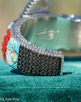 Alvin Yellowhorse Royal Web Variscite Cuff – Navajo Sterling Silver Bracelet-on-Bracelet Design – Turquoise, Coral & Jade Inlay 134g