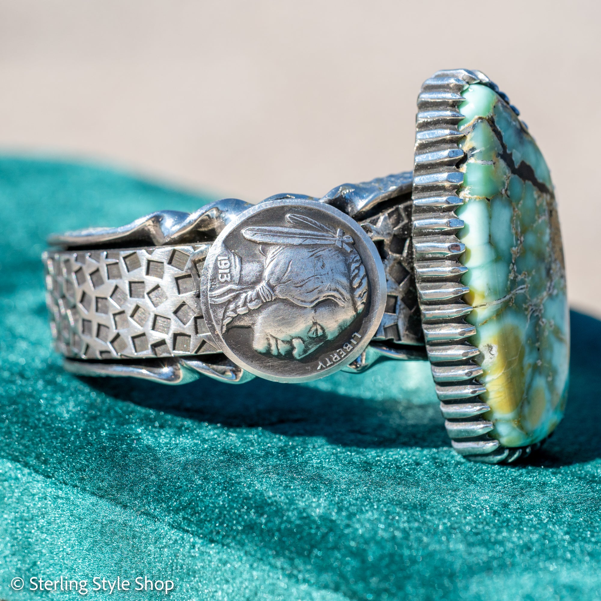 Alvin Yellowhorse Royal Web Variscite Cuff – Navajo Sterling Silver Bracelet-on-Bracelet Design – Turquoise, Coral &amp; Jade Inlay 134g