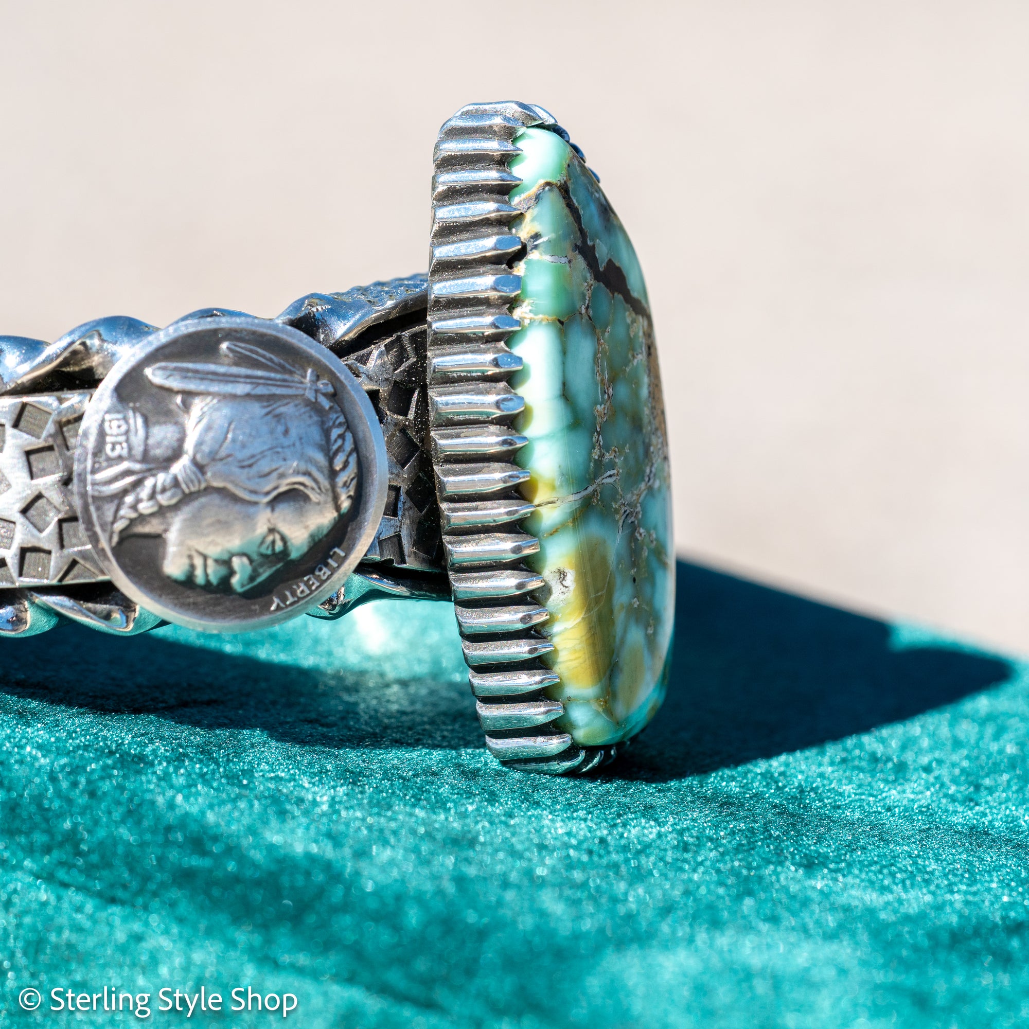 Alvin Yellowhorse Royal Web Variscite Cuff – Navajo Sterling Silver Bracelet-on-Bracelet Design – Turquoise, Coral &amp; Jade Inlay 134g