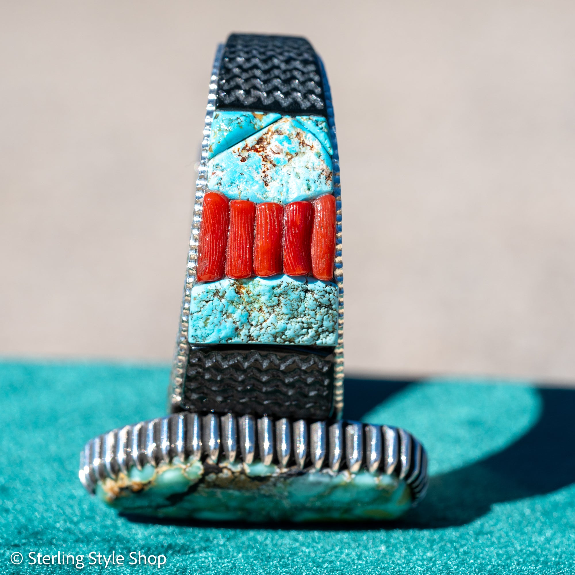 Alvin Yellowhorse Royal Web Variscite Cuff – Navajo Sterling Silver Bracelet-on-Bracelet Design – Turquoise, Coral &amp; Jade Inlay 134g