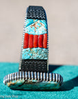 Alvin Yellowhorse Royal Web Variscite Cuff – Navajo Sterling Silver Bracelet-on-Bracelet Design – Turquoise, Coral & Jade Inlay 134g