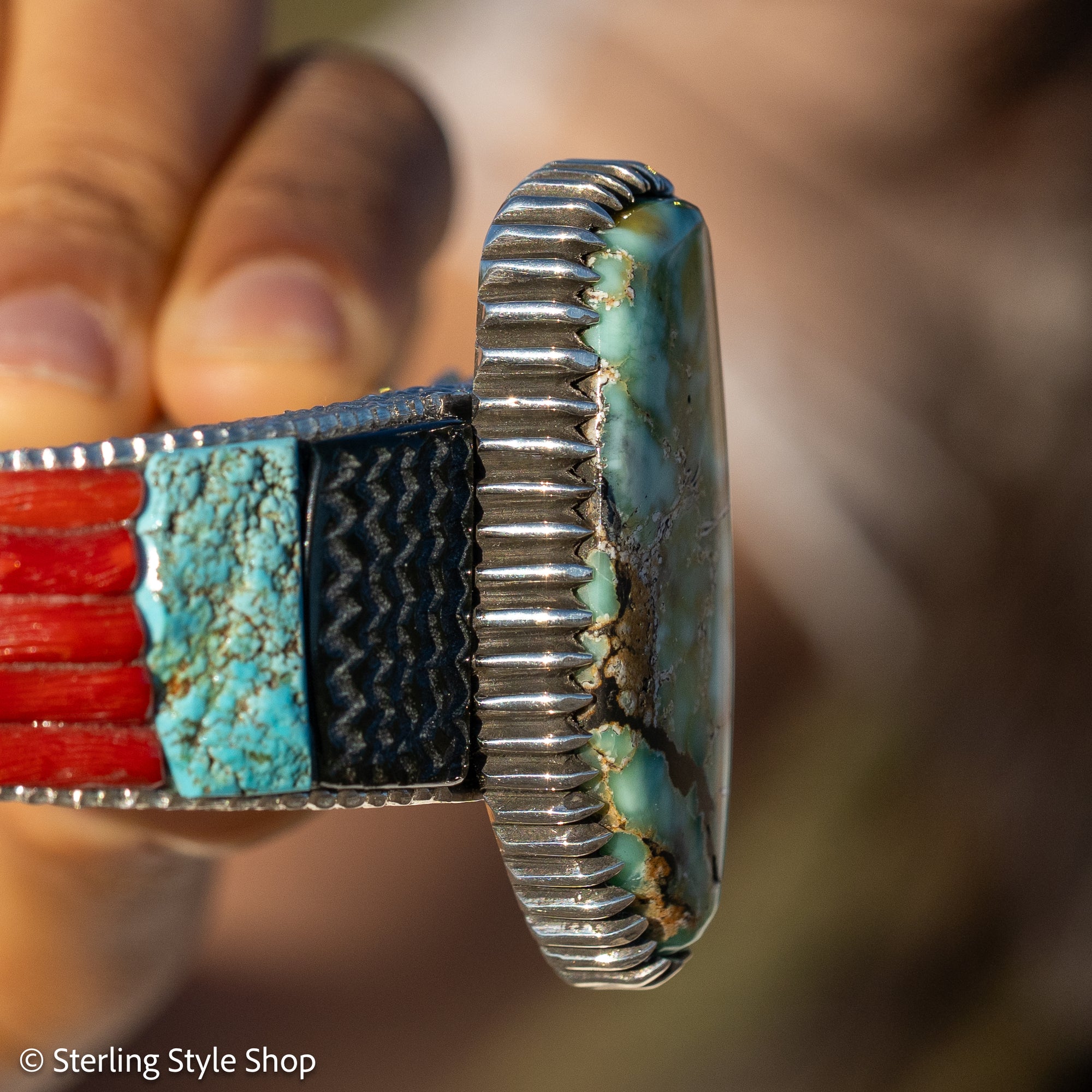 Alvin Yellowhorse Royal Web Variscite Cuff – Navajo Sterling Silver Bracelet-on-Bracelet Design – Turquoise, Coral &amp; Jade Inlay 134g
