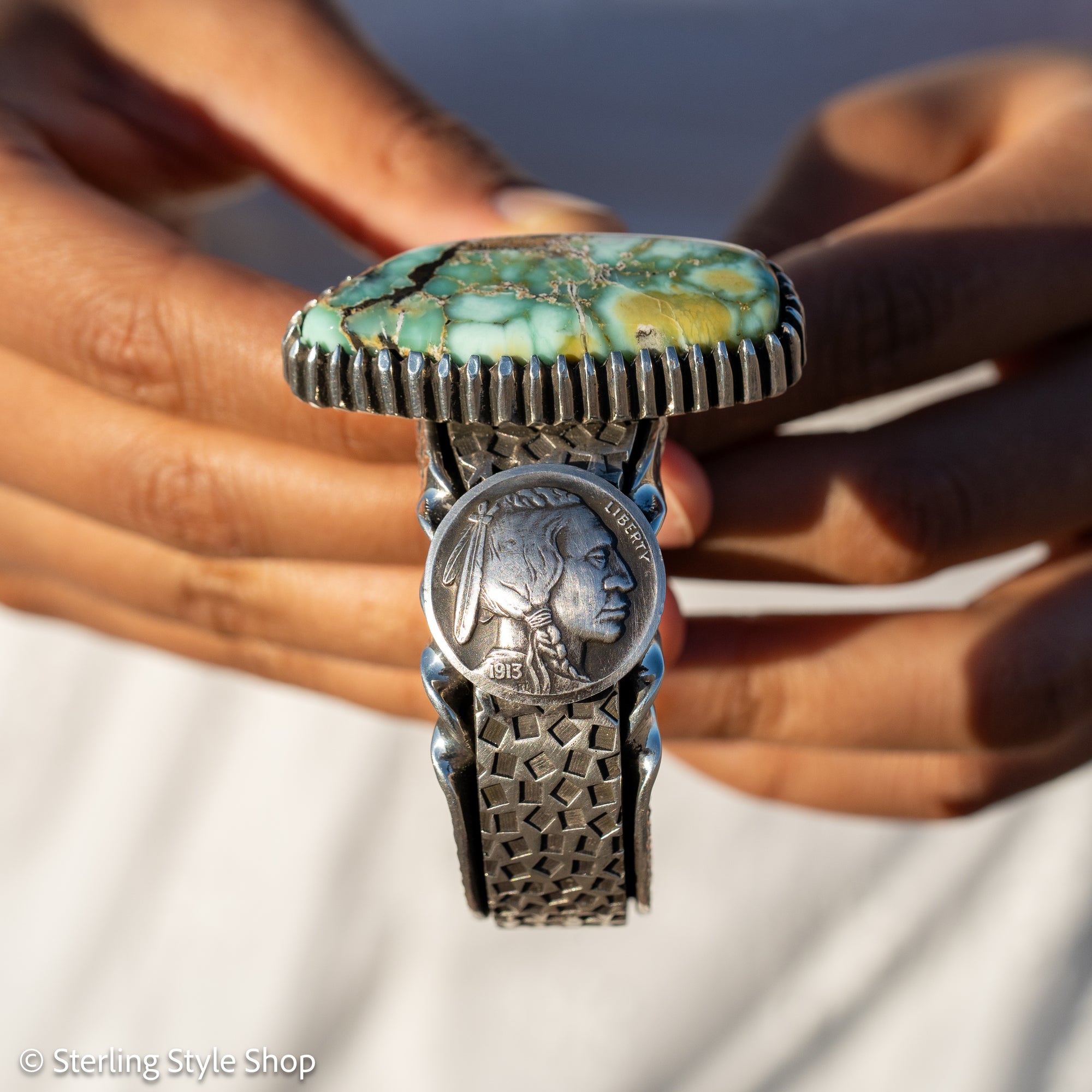 Alvin Yellowhorse Royal Web Variscite Cuff – Navajo Sterling Silver Bracelet-on-Bracelet Design – Turquoise, Coral &amp; Jade Inlay 134g