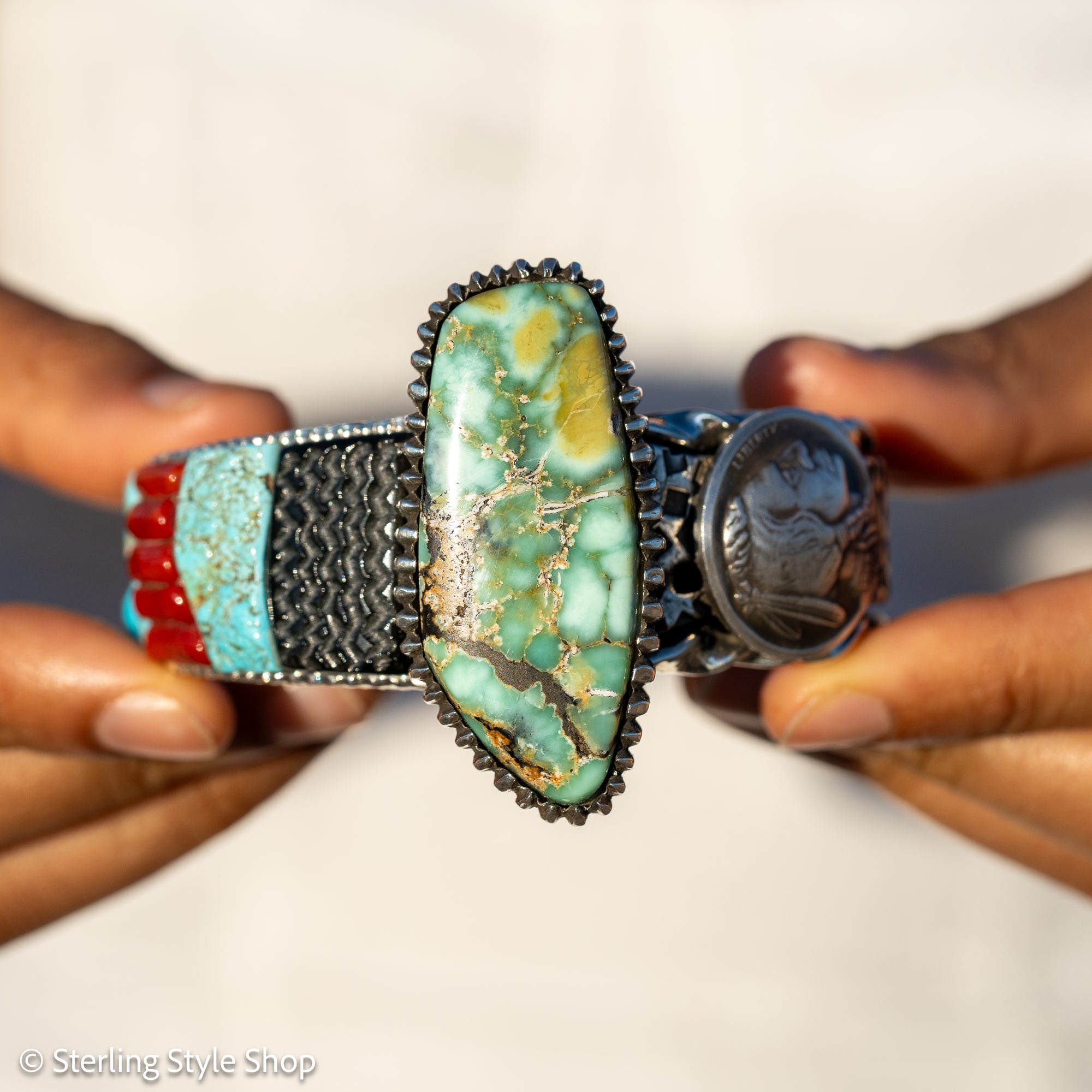 Alvin Yellowhorse Royal Web Variscite Cuff – Navajo Sterling Silver Bracelet-on-Bracelet Design – Turquoise, Coral &amp; Jade Inlay 134g