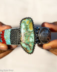 Alvin Yellowhorse Royal Web Variscite Cuff – Navajo Sterling Silver Bracelet-on-Bracelet Design – Turquoise, Coral & Jade Inlay 134g