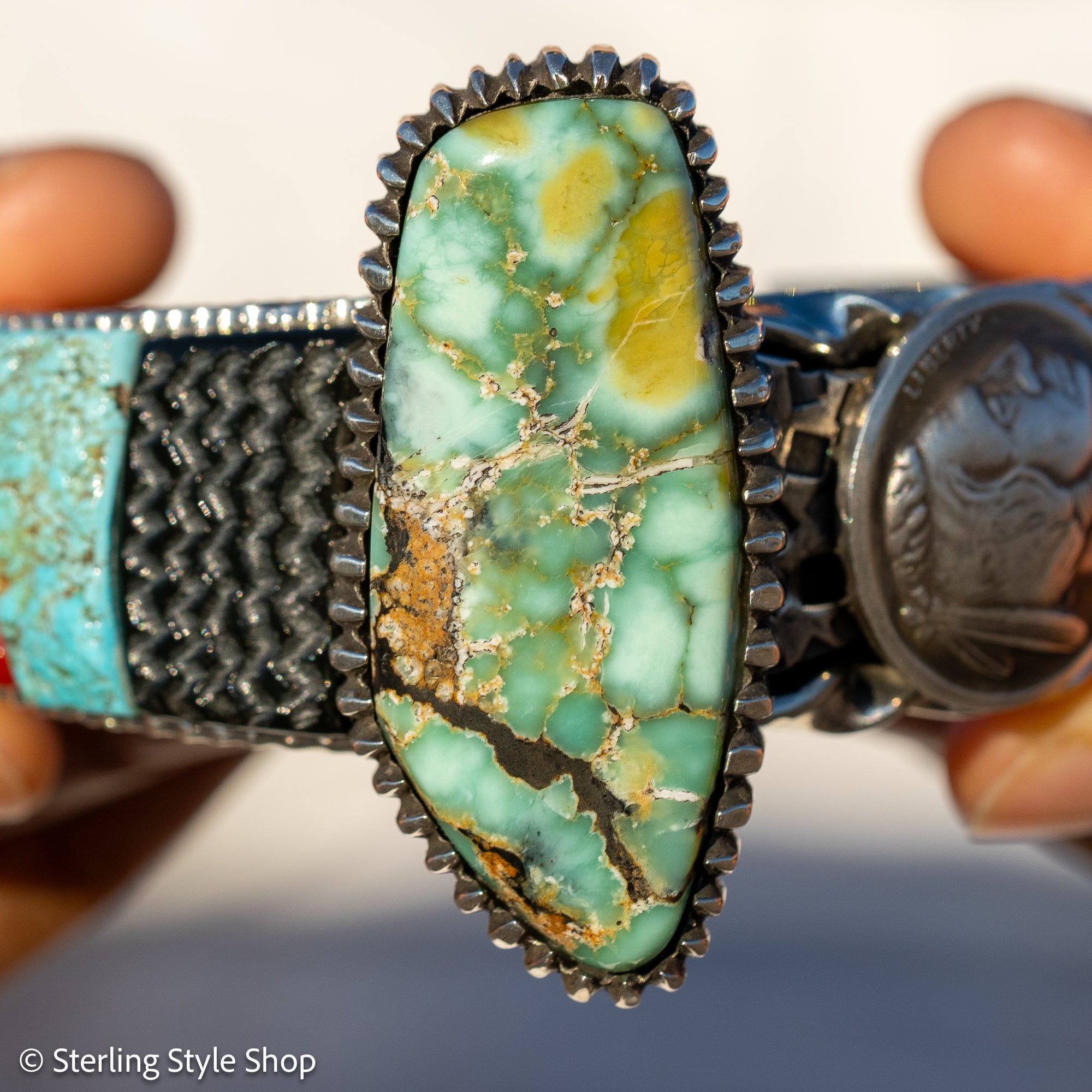 Alvin Yellowhorse Royal Web Variscite Cuff – Navajo Sterling Silver Bracelet-on-Bracelet Design – Turquoise, Coral &amp; Jade Inlay 134g