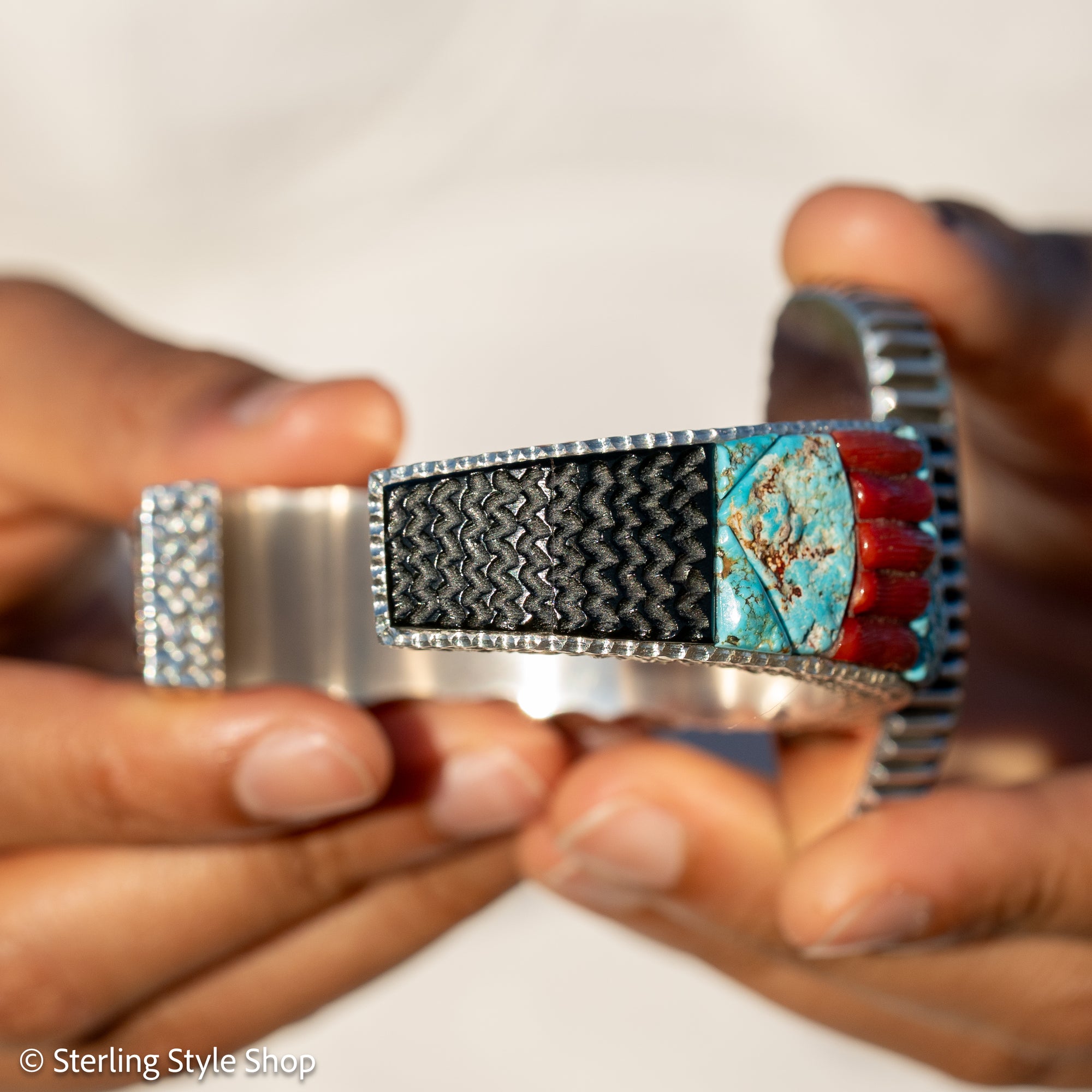 Alvin Yellowhorse Royal Web Variscite Cuff – Navajo Sterling Silver Bracelet-on-Bracelet Design – Turquoise, Coral &amp; Jade Inlay 134g