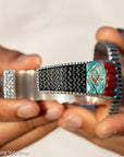 Alvin Yellowhorse Royal Web Variscite Cuff – Navajo Sterling Silver Bracelet-on-Bracelet Design – Turquoise, Coral & Jade Inlay 134g