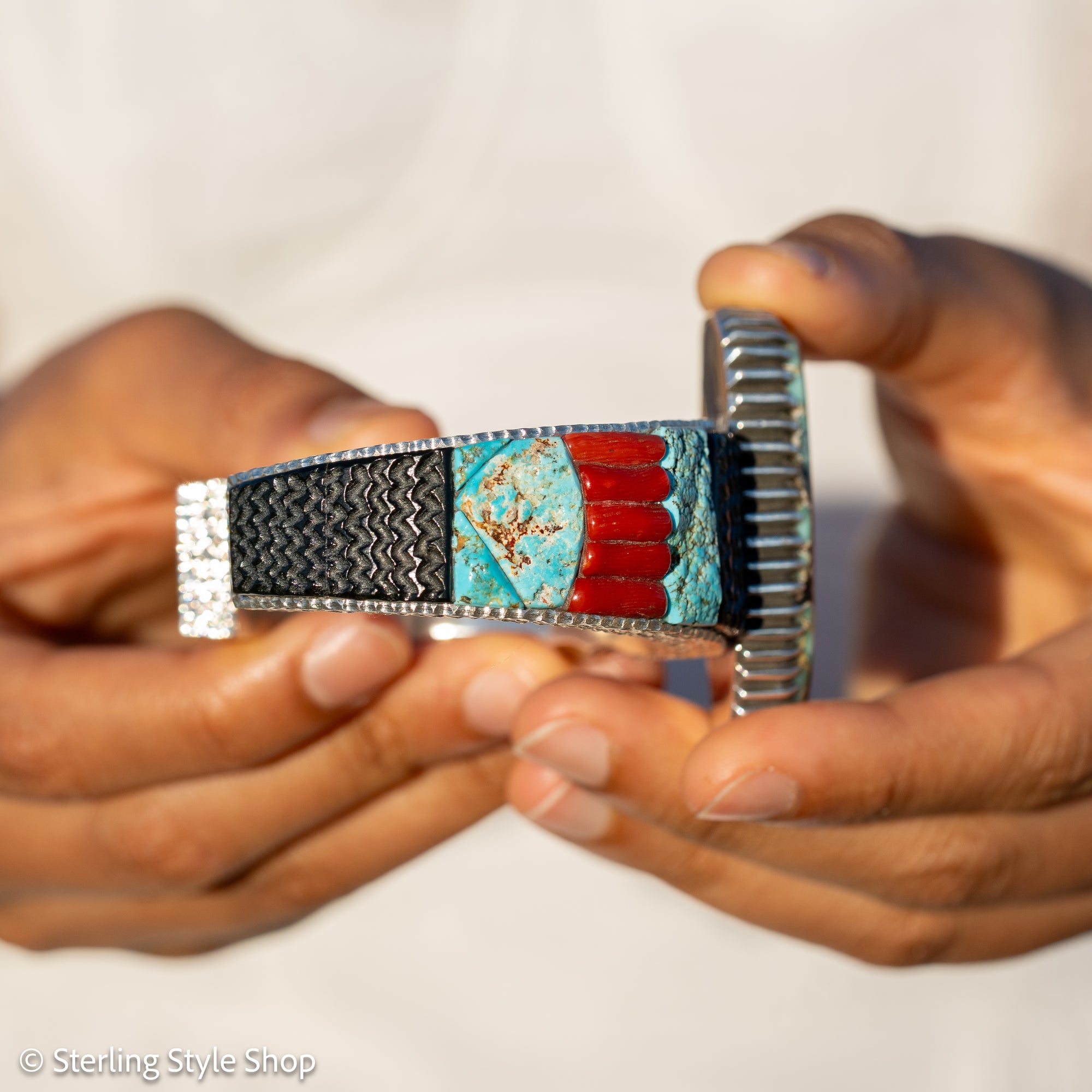 Alvin Yellowhorse Royal Web Variscite Cuff – Navajo Sterling Silver Bracelet-on-Bracelet Design – Turquoise, Coral &amp; Jade Inlay 134g