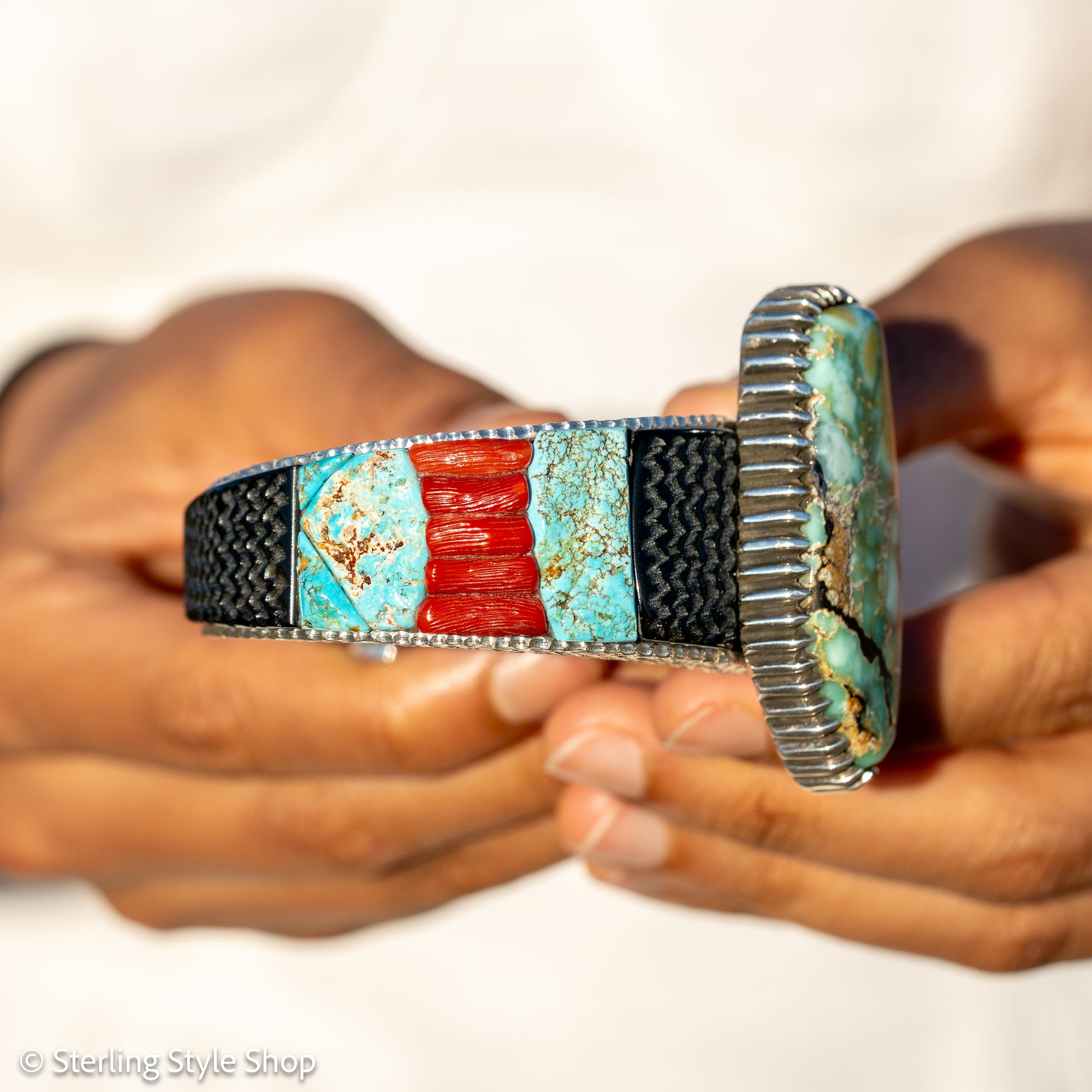 Alvin Yellowhorse Royal Web Variscite Cuff – Navajo Sterling Silver Bracelet-on-Bracelet Design – Turquoise, Coral &amp; Jade Inlay 134g