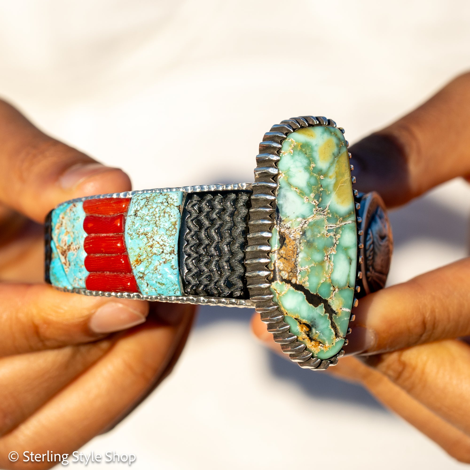 Alvin Yellowhorse Royal Web Variscite Cuff – Navajo Sterling Silver Bracelet-on-Bracelet Design – Turquoise, Coral &amp; Jade Inlay 134g