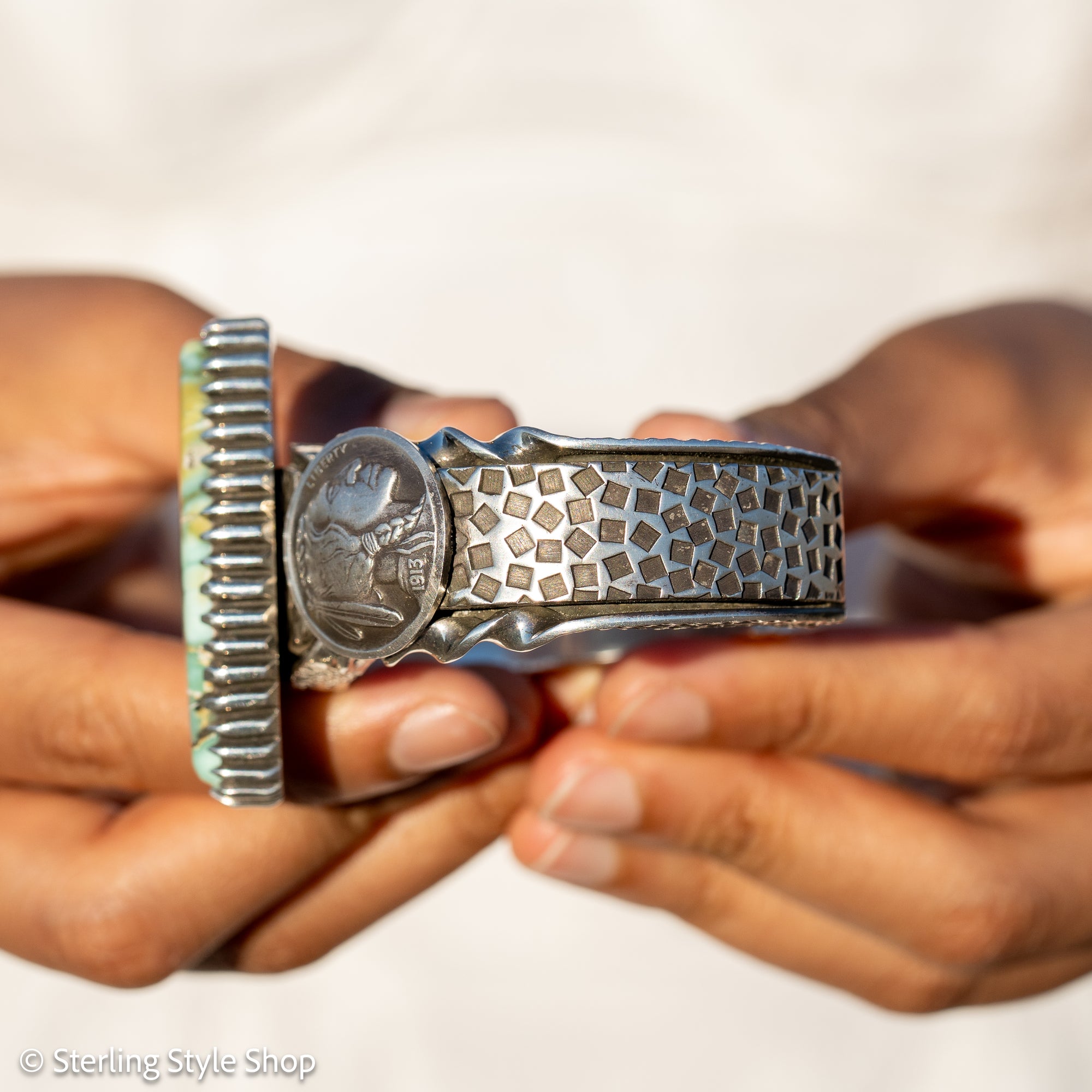 Alvin Yellowhorse Royal Web Variscite Cuff – Navajo Sterling Silver Bracelet-on-Bracelet Design – Turquoise, Coral &amp; Jade Inlay 134g