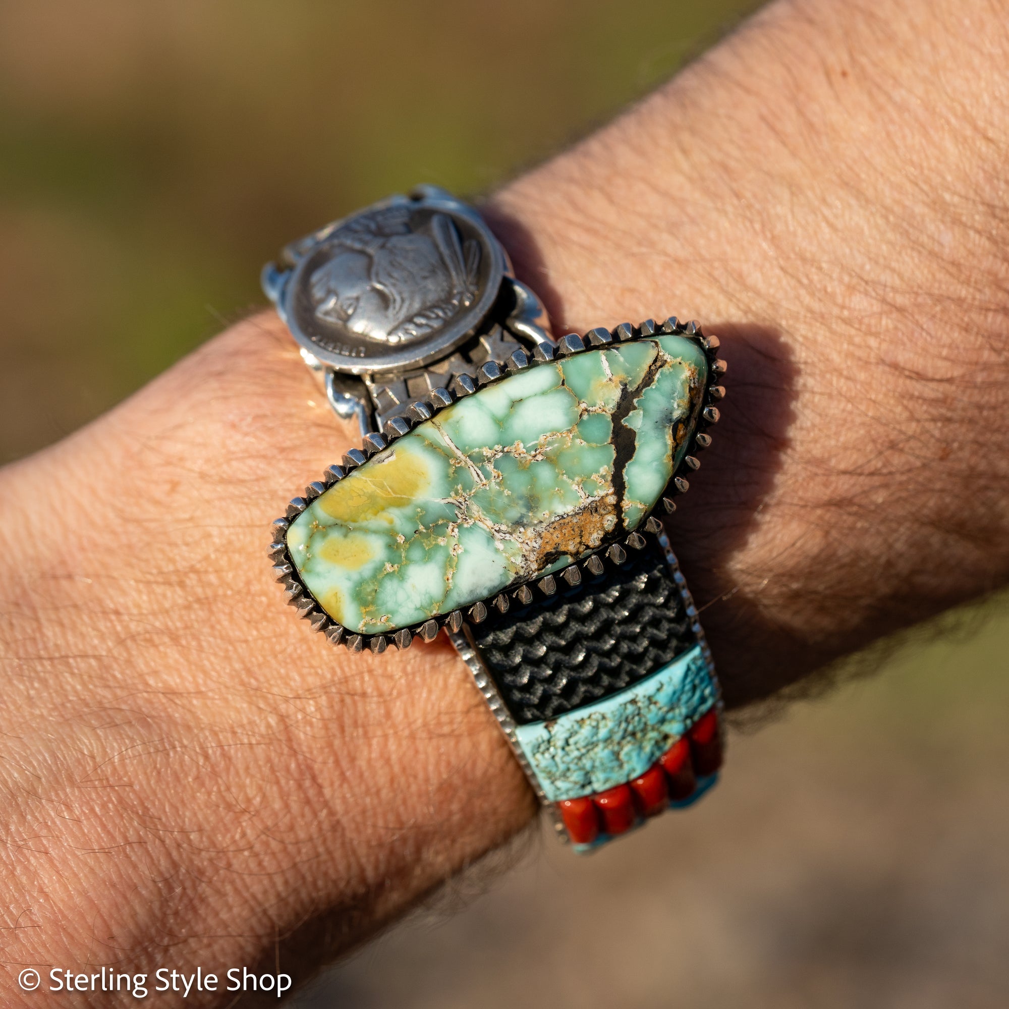 Alvin Yellowhorse Royal Web Variscite Cuff – Navajo Sterling Silver Bracelet-on-Bracelet Design – Turquoise, Coral &amp; Jade Inlay 134g