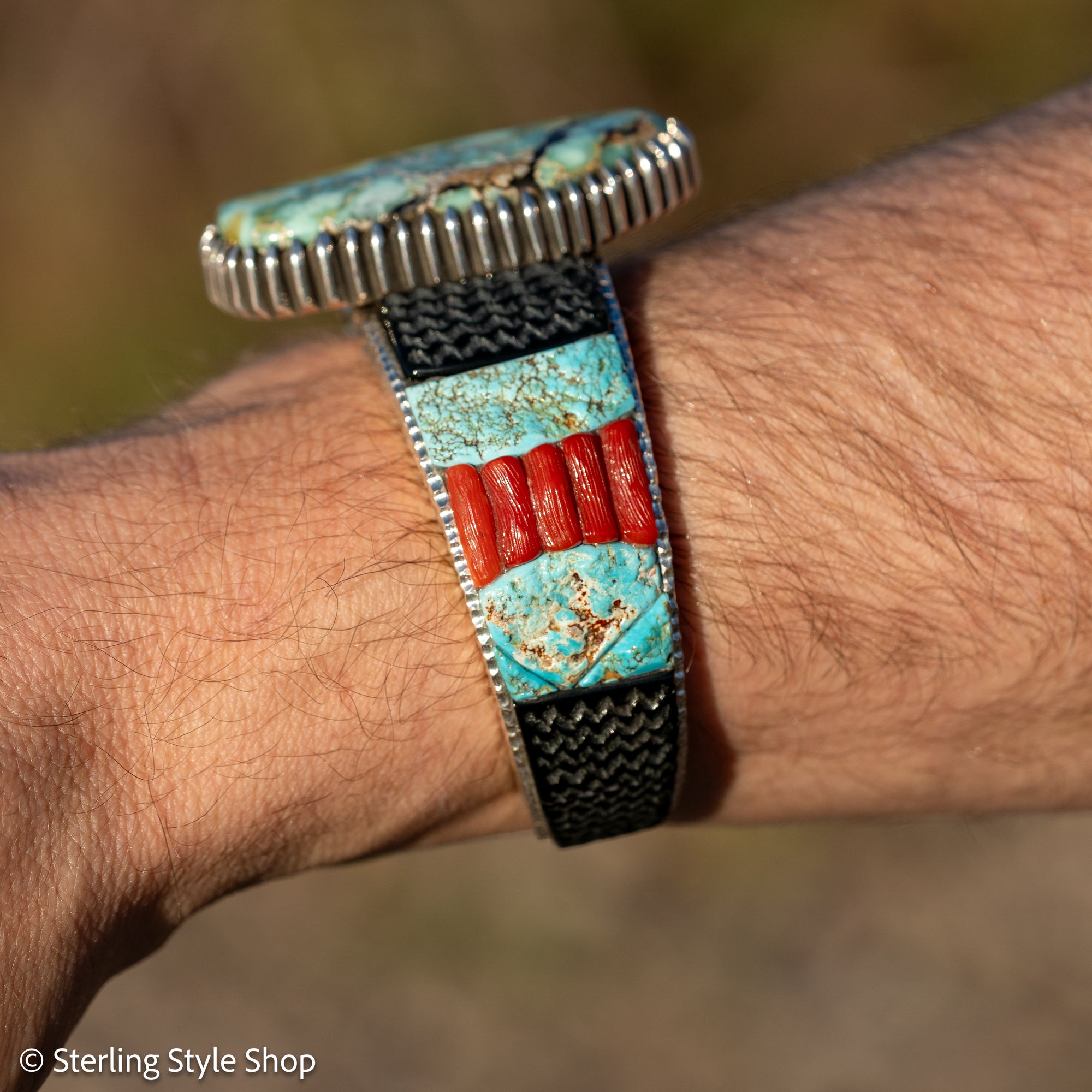 Alvin Yellowhorse Royal Web Variscite Cuff – Navajo Sterling Silver Bracelet-on-Bracelet Design – Turquoise, Coral &amp; Jade Inlay 134g