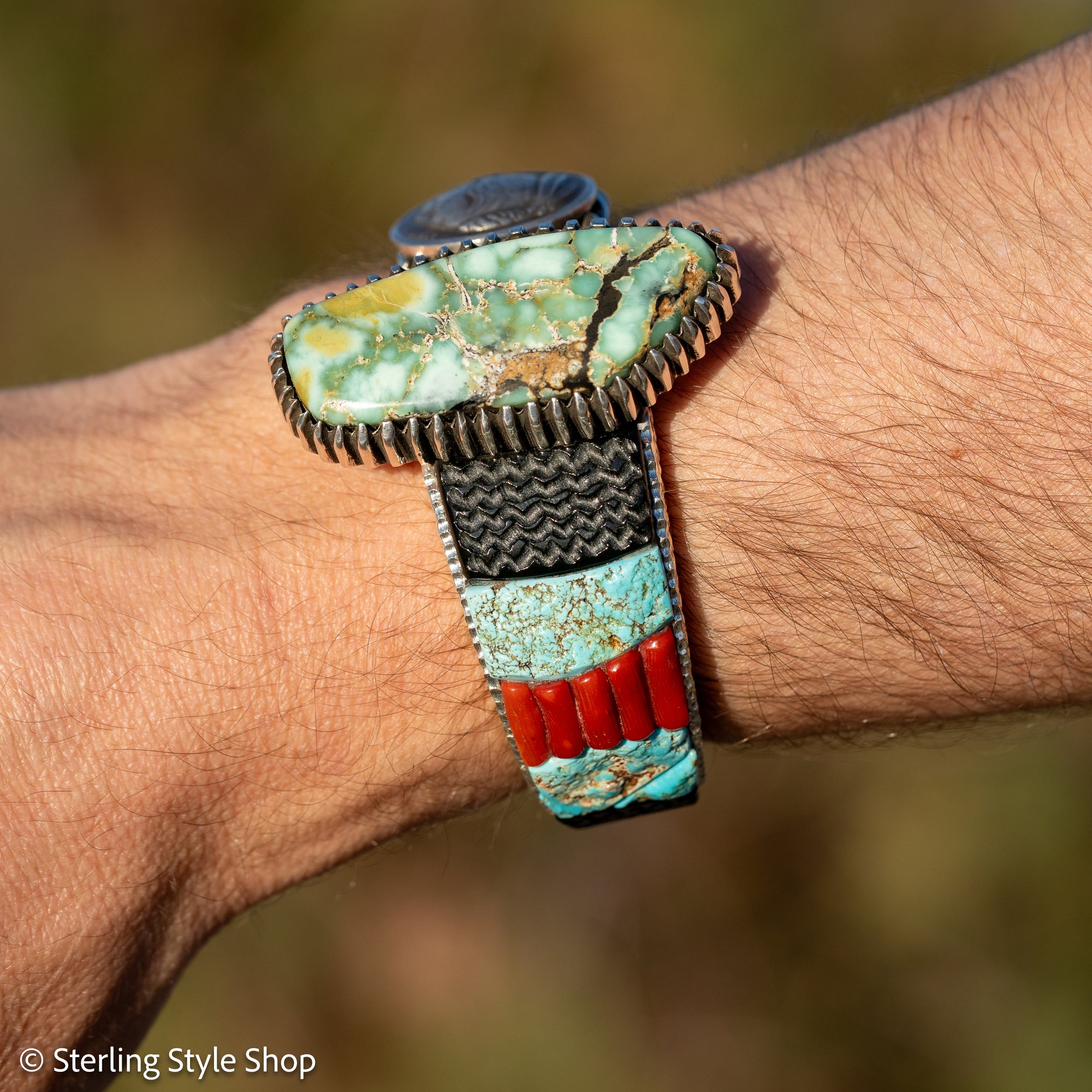 Alvin Yellowhorse Royal Web Variscite Cuff – Navajo Sterling Silver Bracelet-on-Bracelet Design – Turquoise, Coral &amp; Jade Inlay 134g