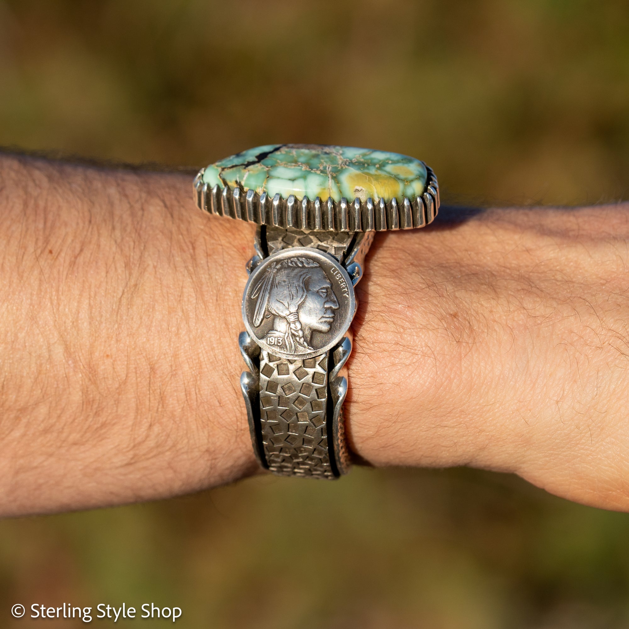 Alvin Yellowhorse Royal Web Variscite Cuff – Navajo Sterling Silver Bracelet-on-Bracelet Design – Turquoise, Coral &amp; Jade Inlay 134g