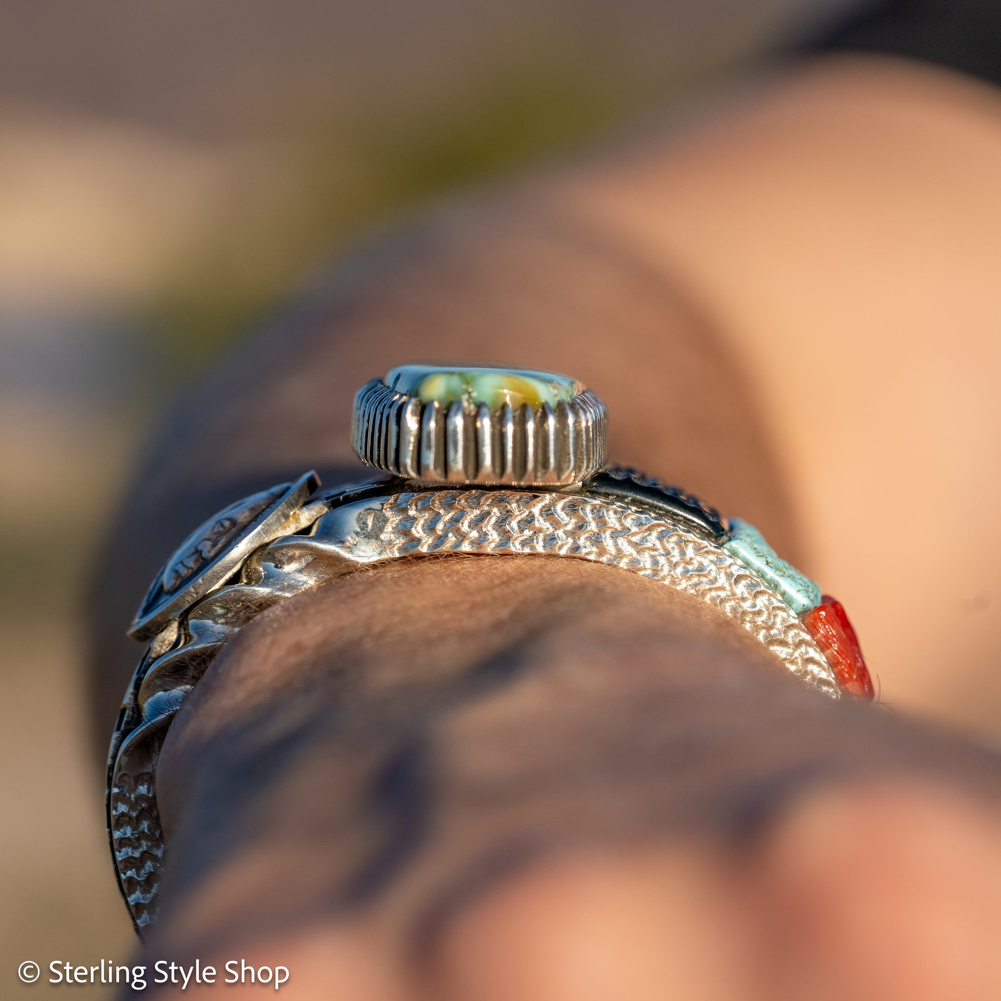 Alvin Yellowhorse Royal Web Variscite Cuff – Navajo Sterling Silver Bracelet-on-Bracelet Design – Turquoise, Coral &amp; Jade Inlay 134g