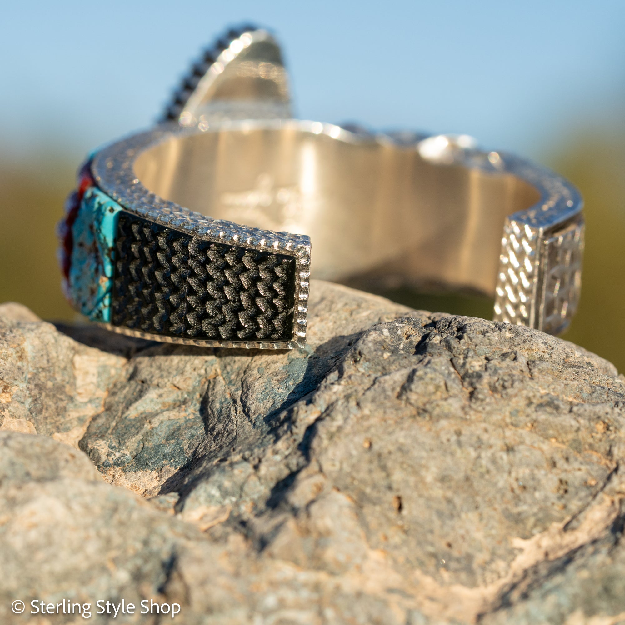 Alvin Yellowhorse Royal Web Variscite Cuff – Navajo Sterling Silver Bracelet-on-Bracelet Design – Turquoise, Coral &amp; Jade Inlay 134g
