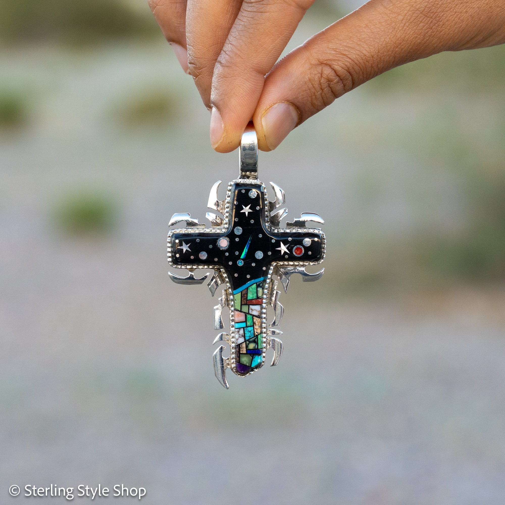 Alvin Yellowhorse Navajo Cross Pendant, Night Sky, Inlay Mosaic, Sterling Silver