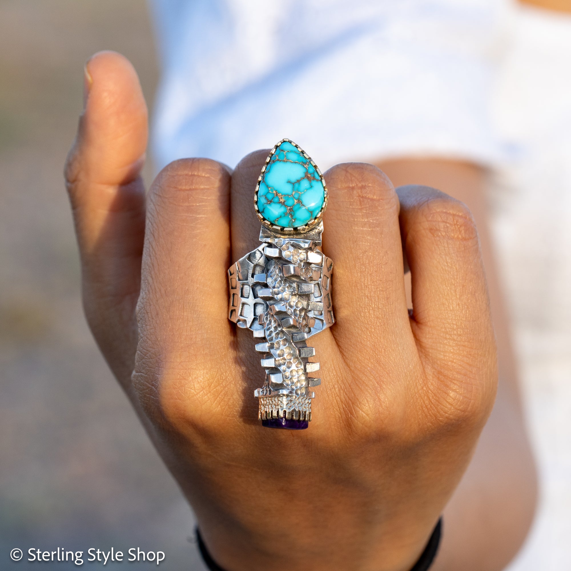 Alvin Yellowhorse Darling Darlene Turquoise &amp; Sugilite Sterling Silver and 18K Gold Statement Ring