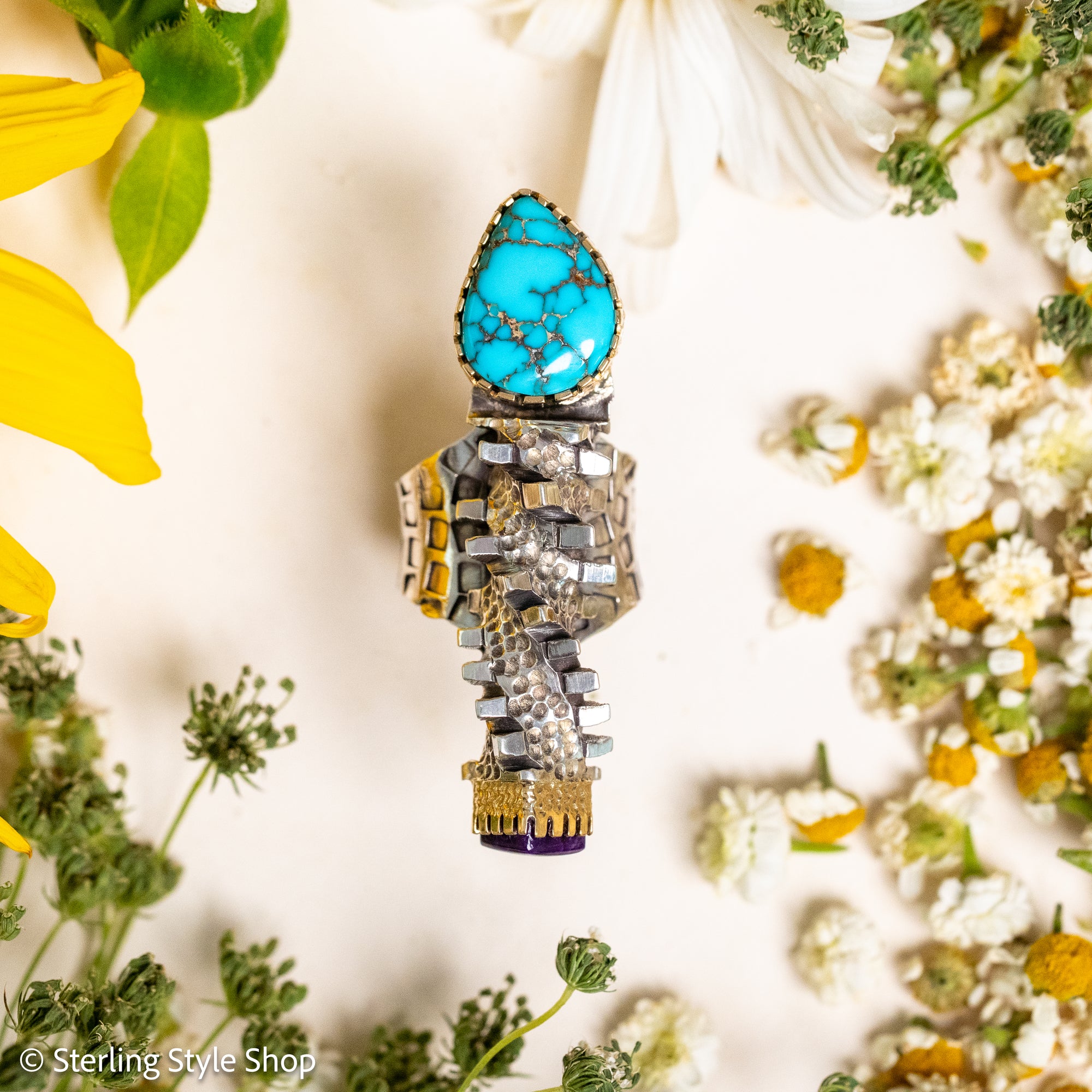 Alvin Yellowhorse Darling Darlene Turquoise &amp; Sugilite Sterling Silver and 18K Gold Statement Ring