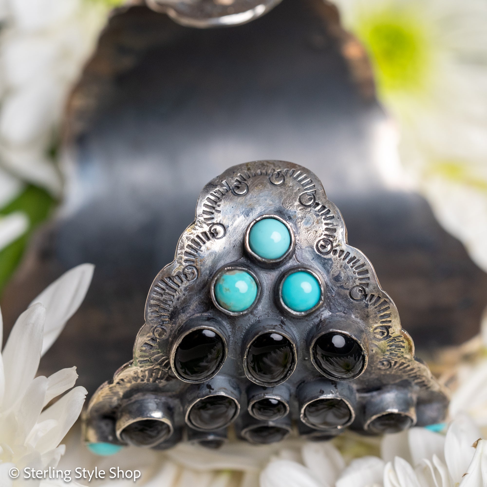Federico Jimenez Sterling Silver Onyx &amp; Turquoise Statement Cuff
