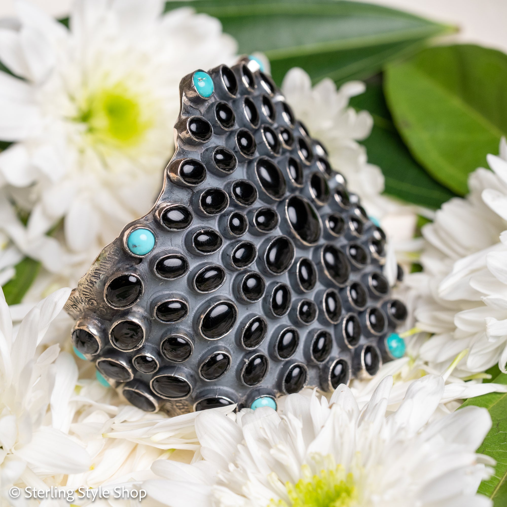 Federico Jimenez Sterling Silver Onyx &amp; Turquoise Statement Cuff