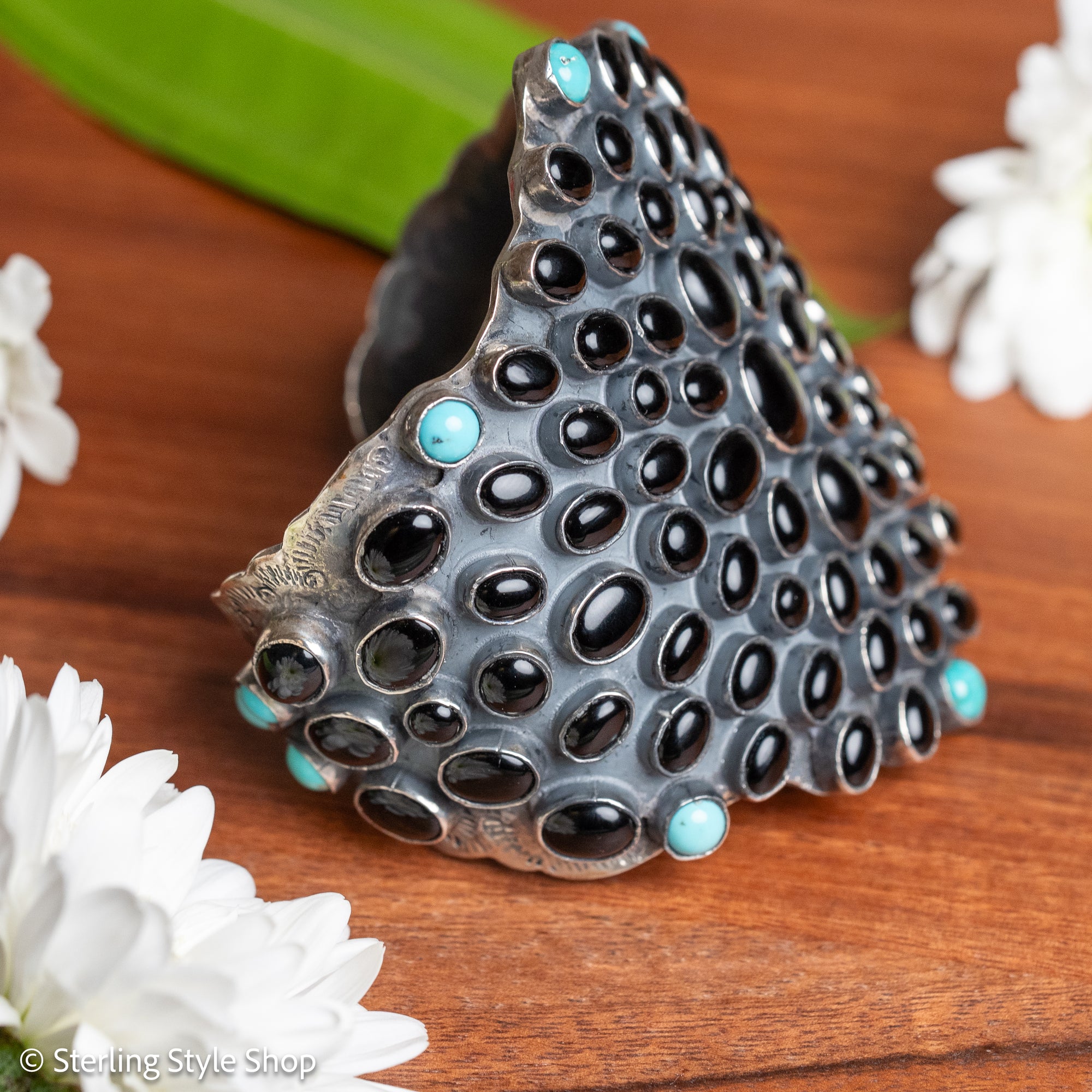 Federico Jimenez Sterling Silver Onyx &amp; Turquoise Statement Cuff
