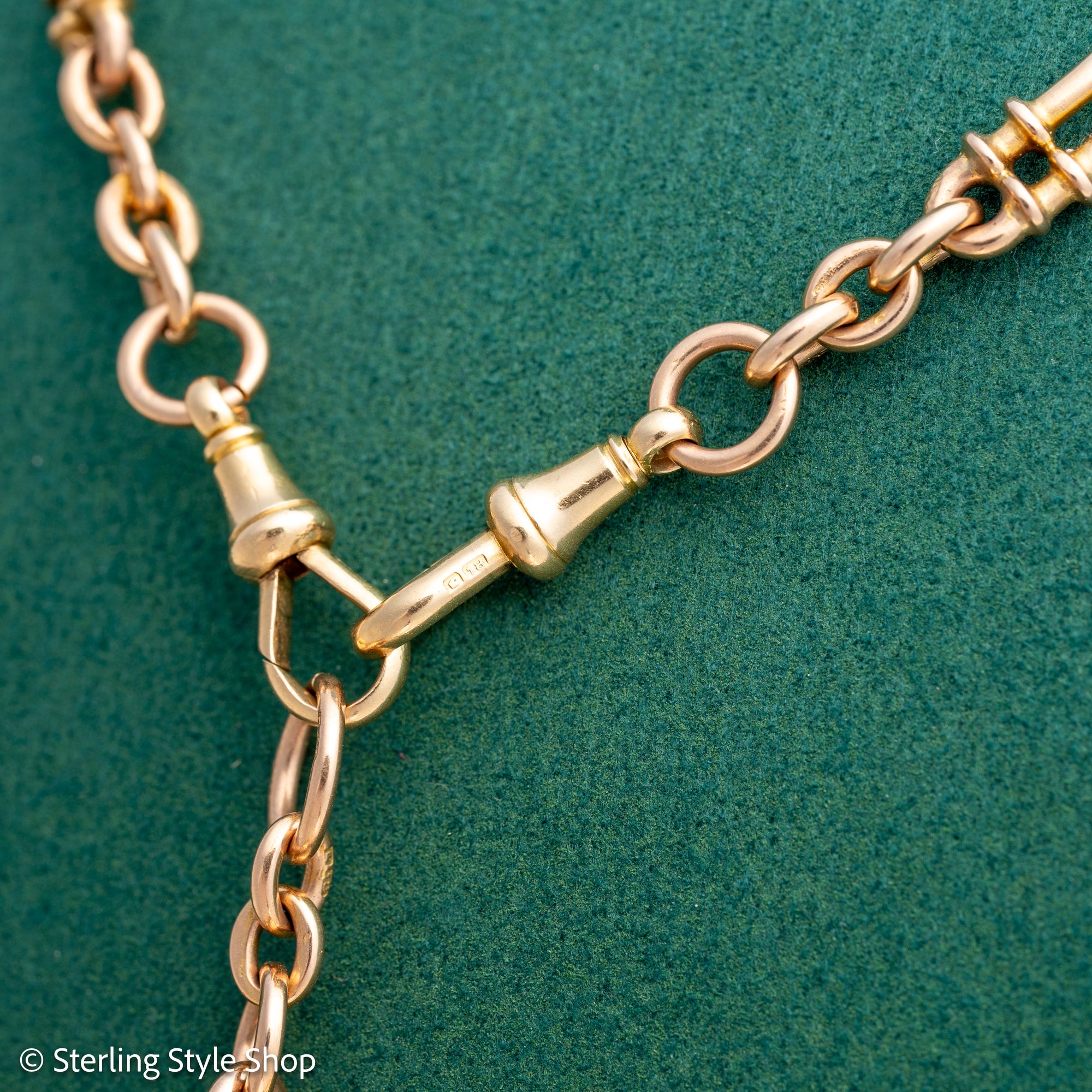 Antique 18k gold trombone link chain, Edwardian Chester 1914 hallmarked, Albert Watch Chain, 51.3g