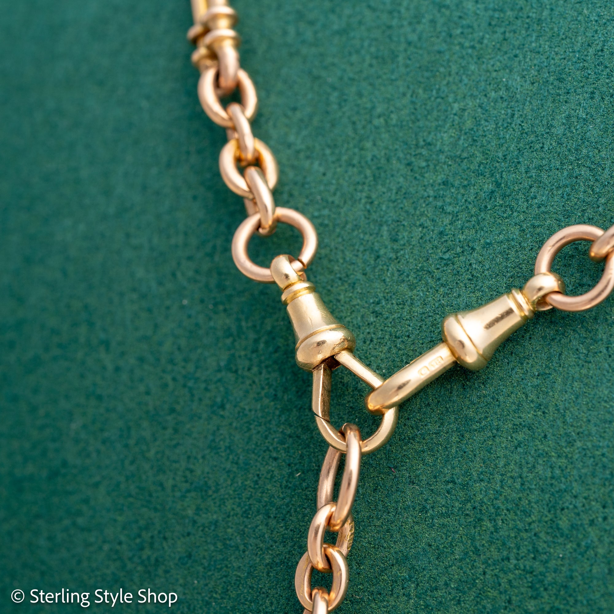 Antique 18k gold trombone link chain, Edwardian Chester 1914 hallmarked, Albert Watch Chain, 51.3g