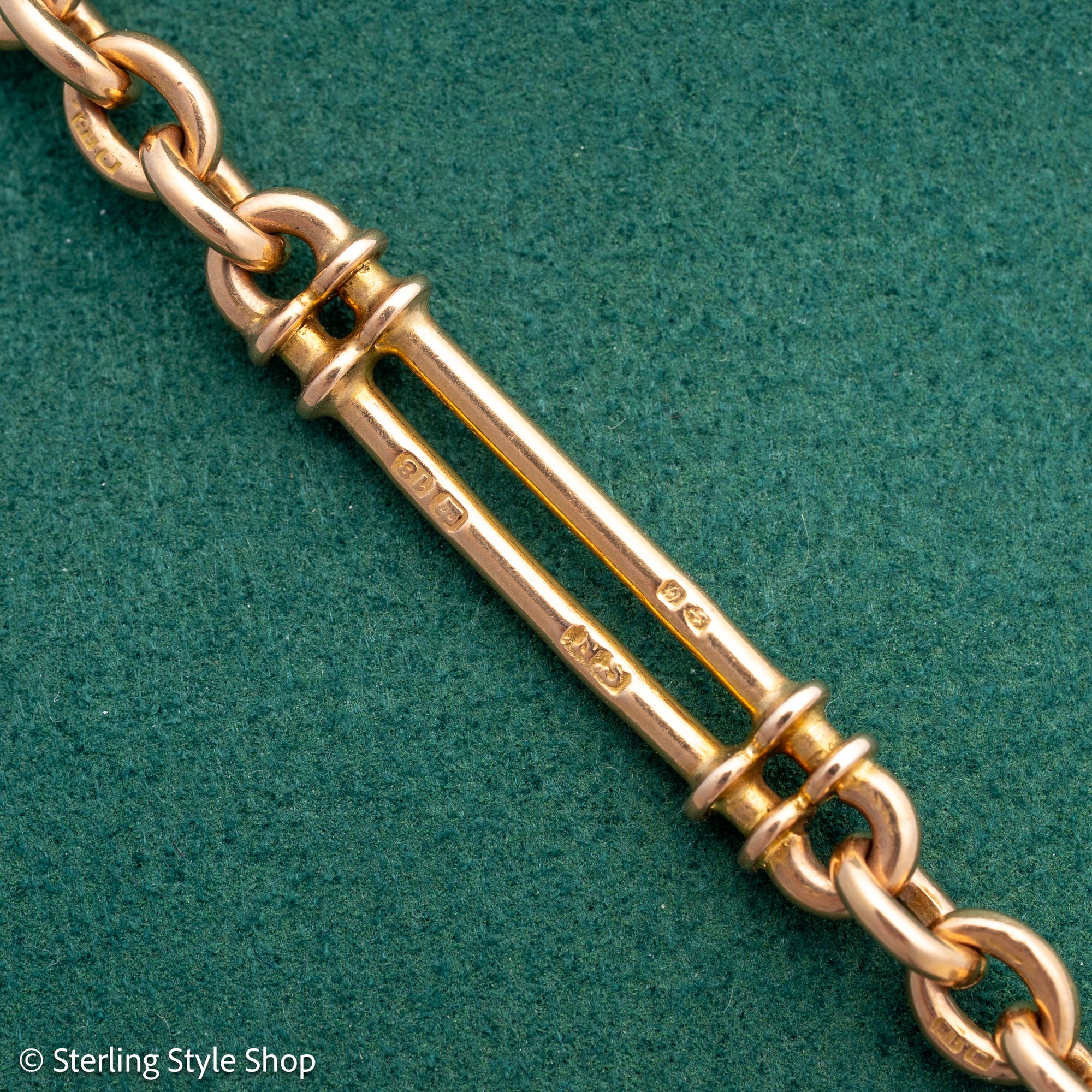 Antique 18k gold trombone link chain, Edwardian Chester 1914 hallmarked, Albert Watch Chain, 51.3g