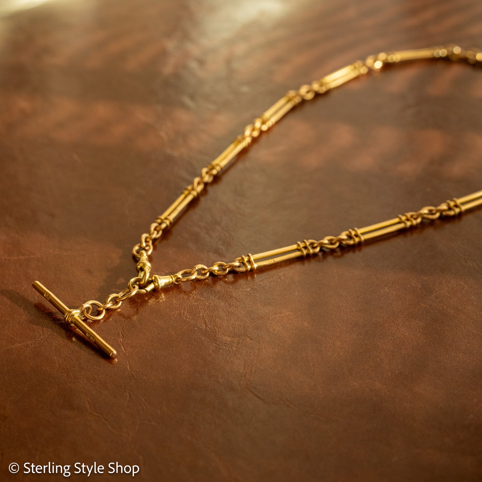 Antique 18k gold trombone link chain, Edwardian Chester 1914 hallmarked, Albert Watch Chain, 51.3g